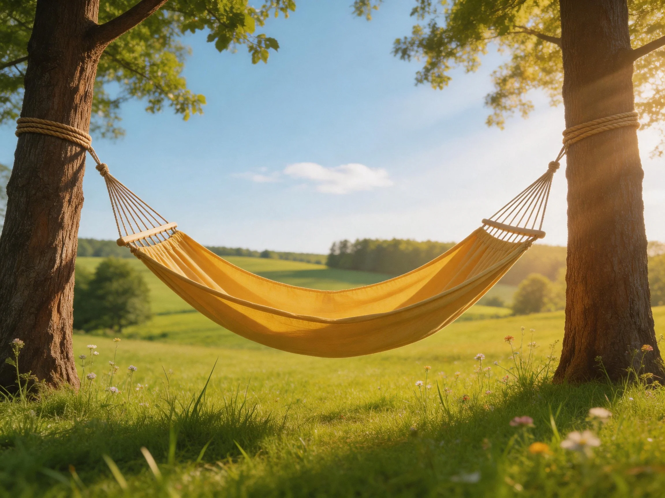 A bright yellow hammock between two trees in a sunlit meadow