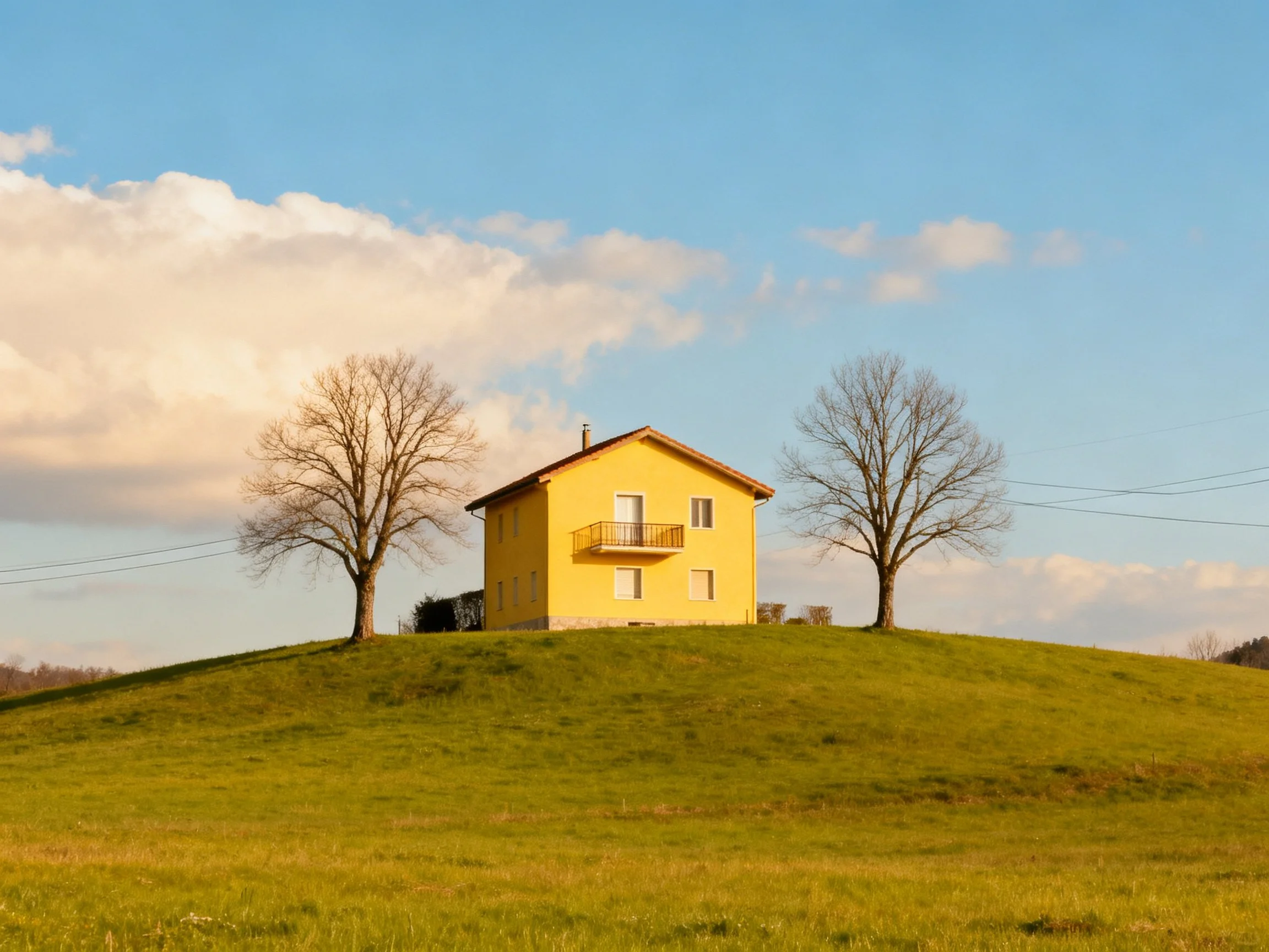 A bright yellow house sits atop a green hill with two bare trees