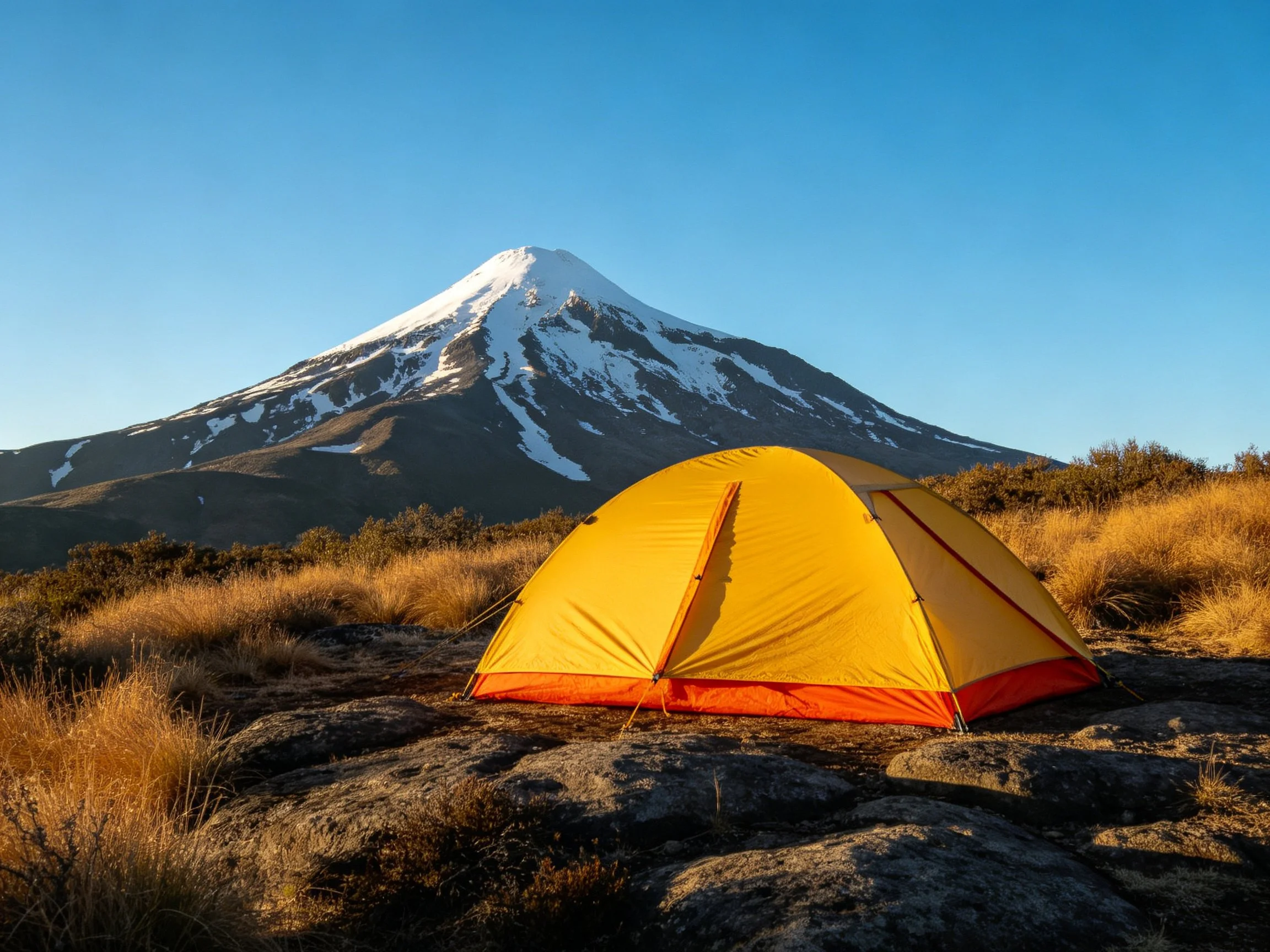 A bright yellow tent near a snow - capped mountain under clear blue skies