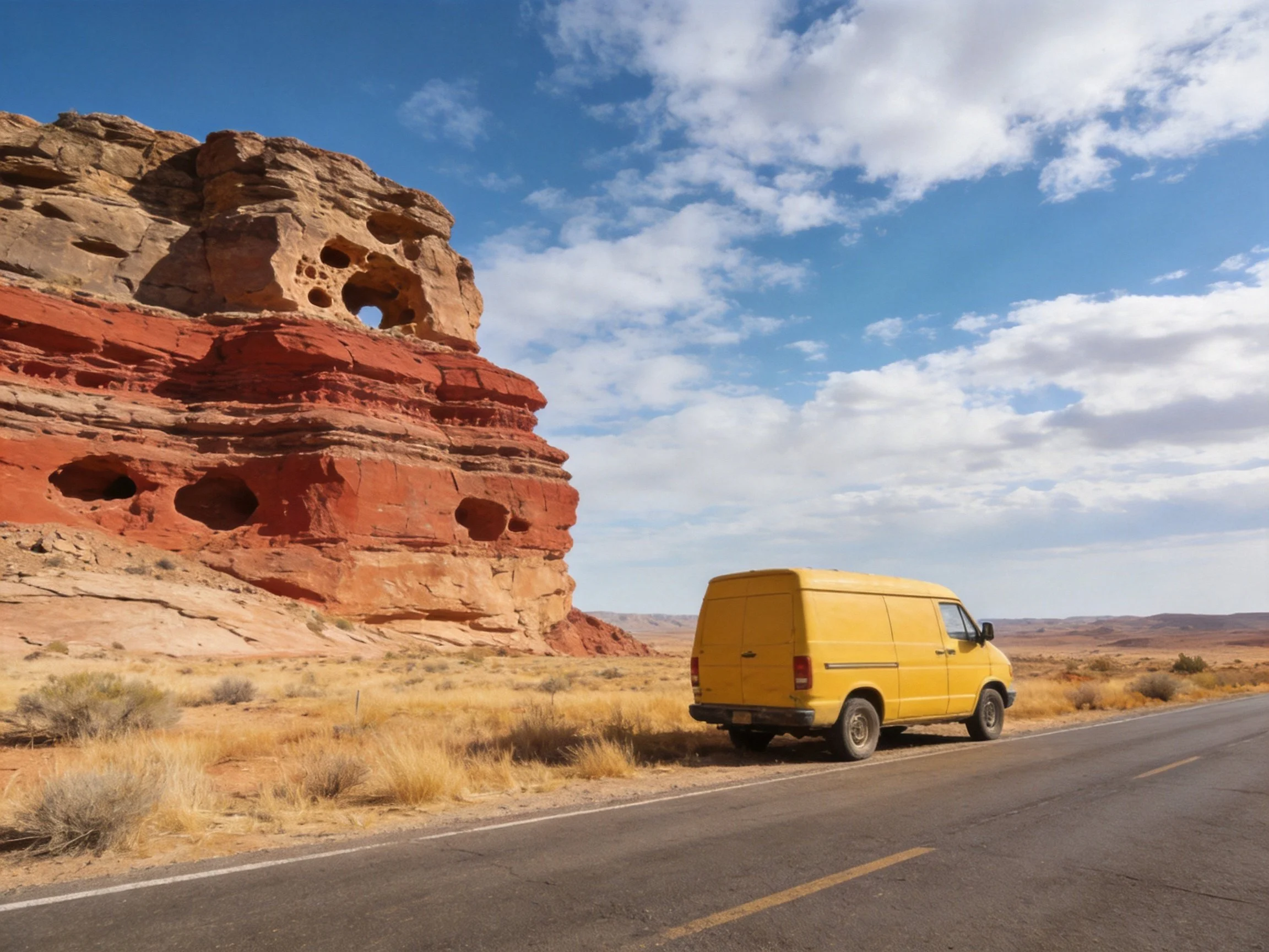 A bright yellow van beside a red-rock formation along an open highway
