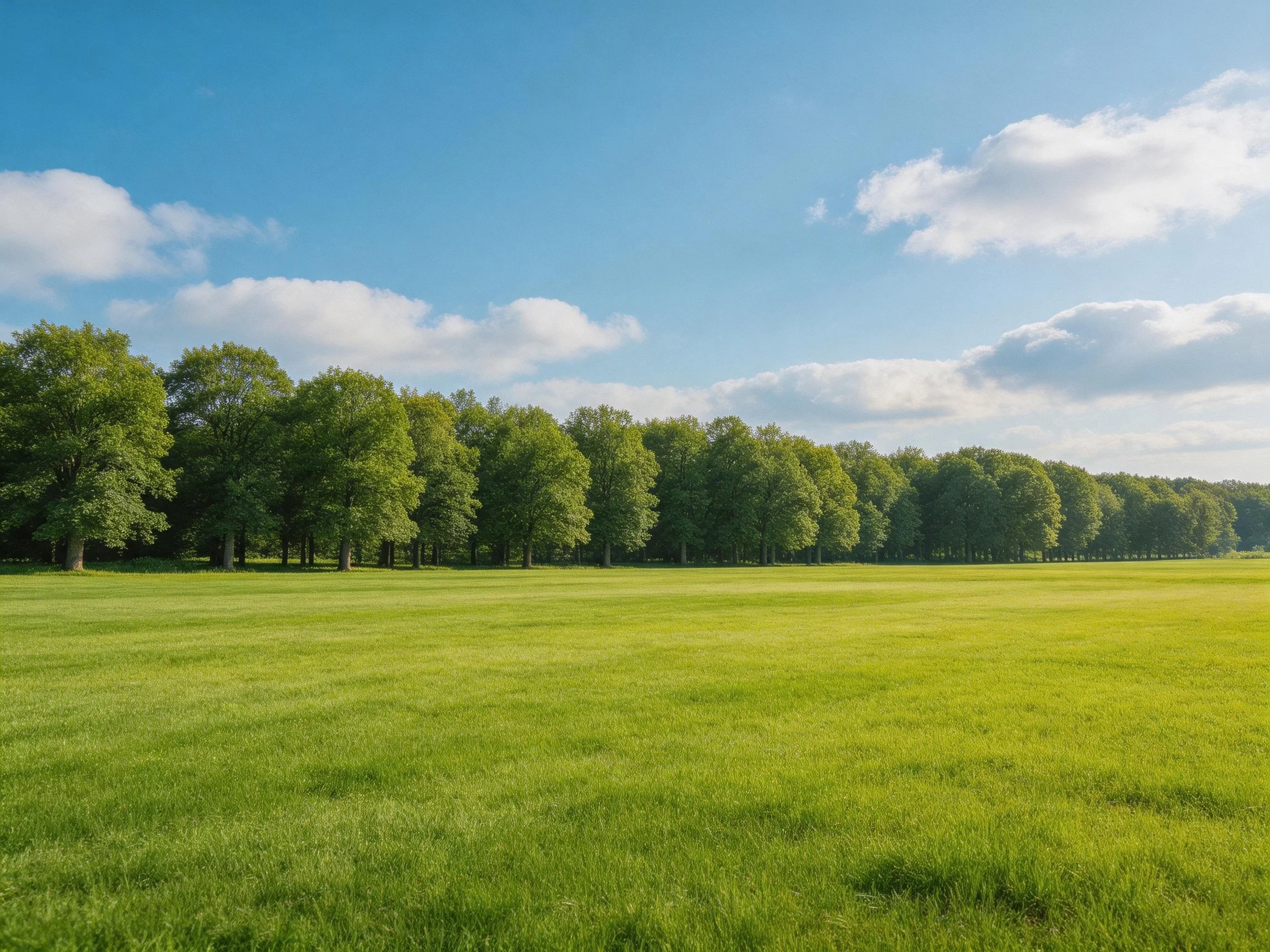 A broad green meadow with a row of tall trees under sunny blue sky