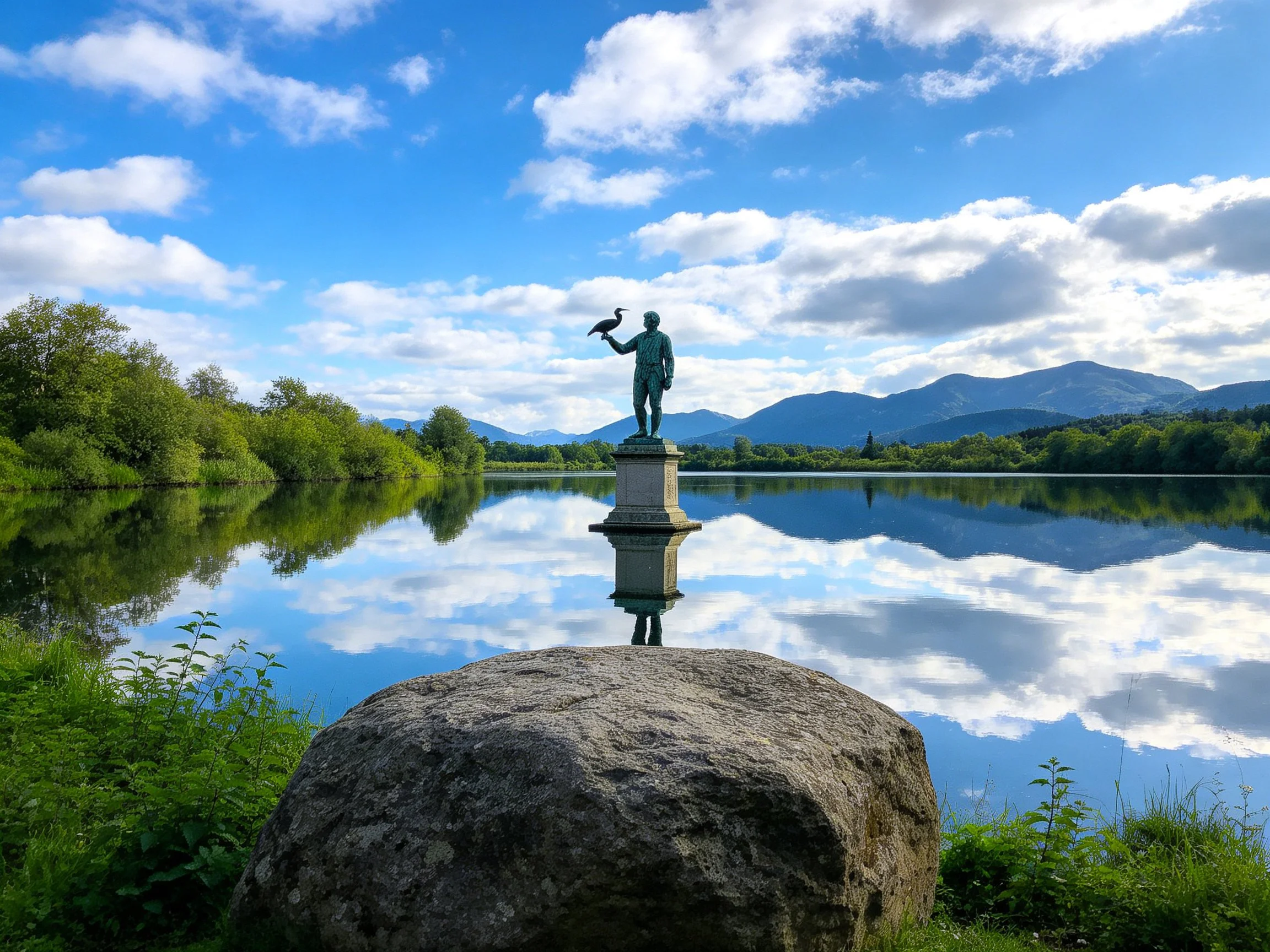 A bronze statue on a pedestal by a serene blue lake with greenery and distant mountains