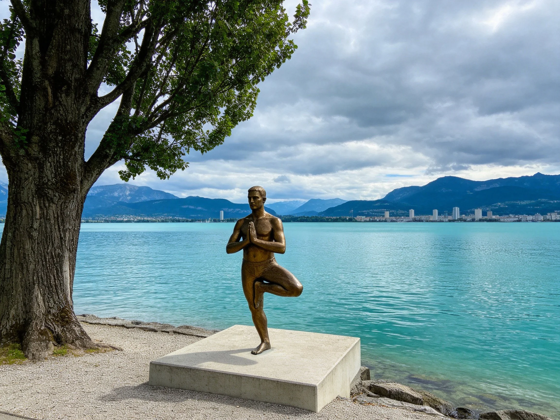 A bronze yoga statue near a turquoise lake with a large tree