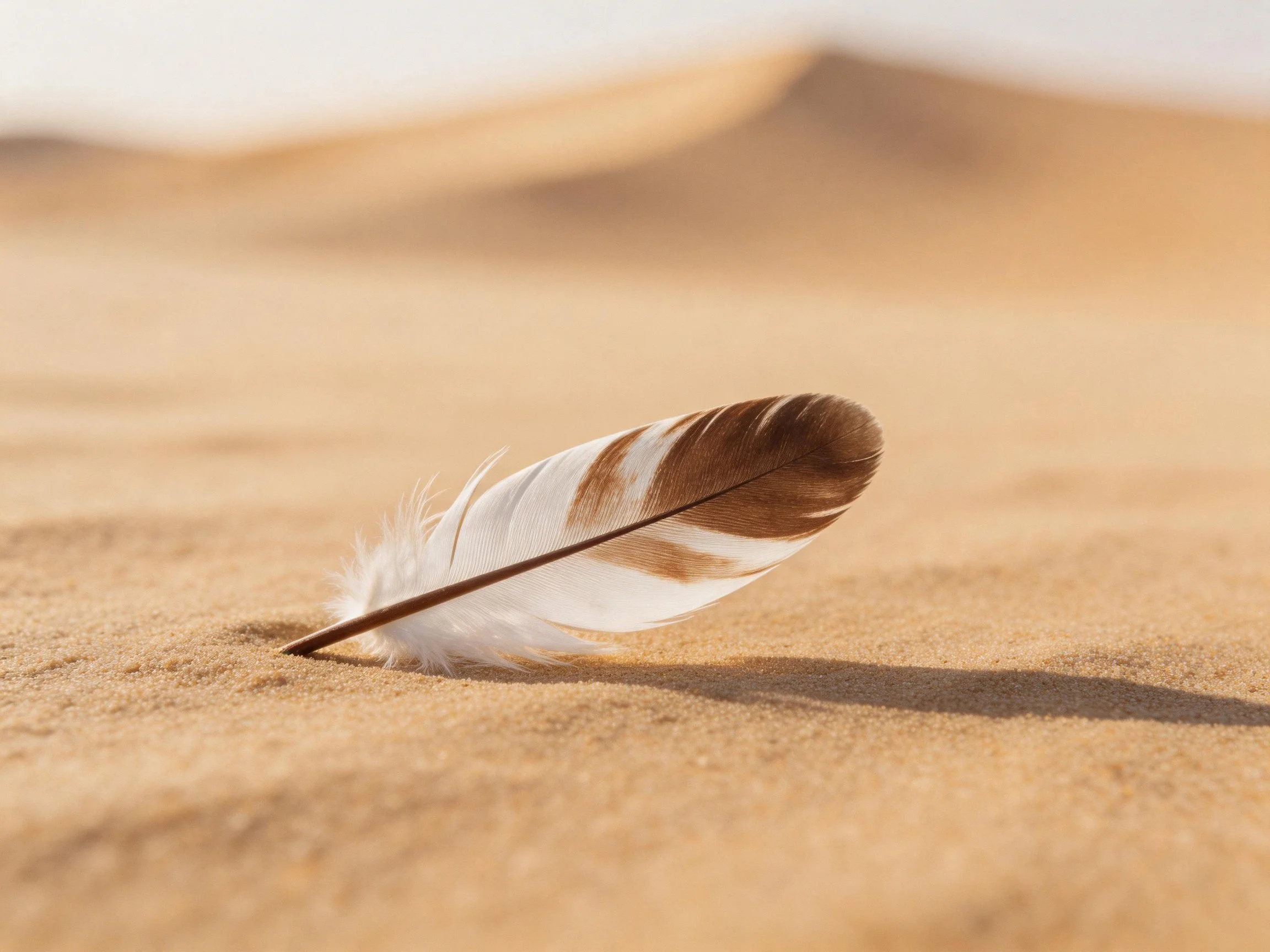 A brown and white feather rests on smooth desert sand