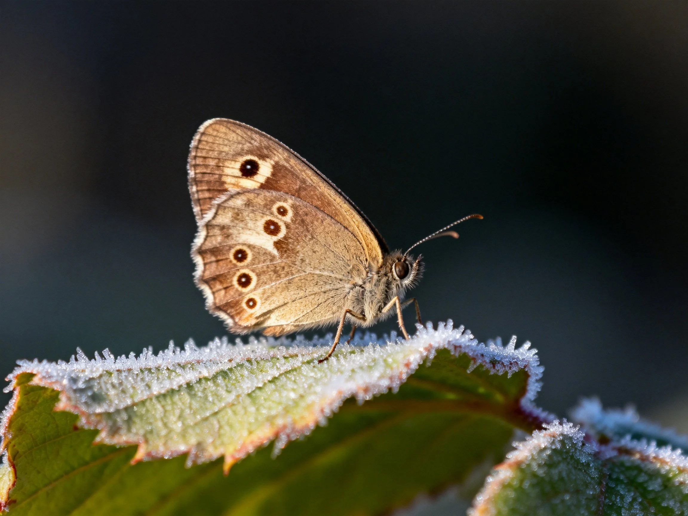 A brown butterfly rests on a frost - coated green leaf