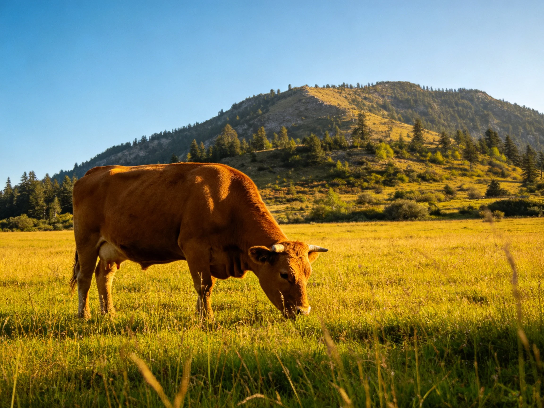 A brown cow grazing in a golden meadow beside a forested hill