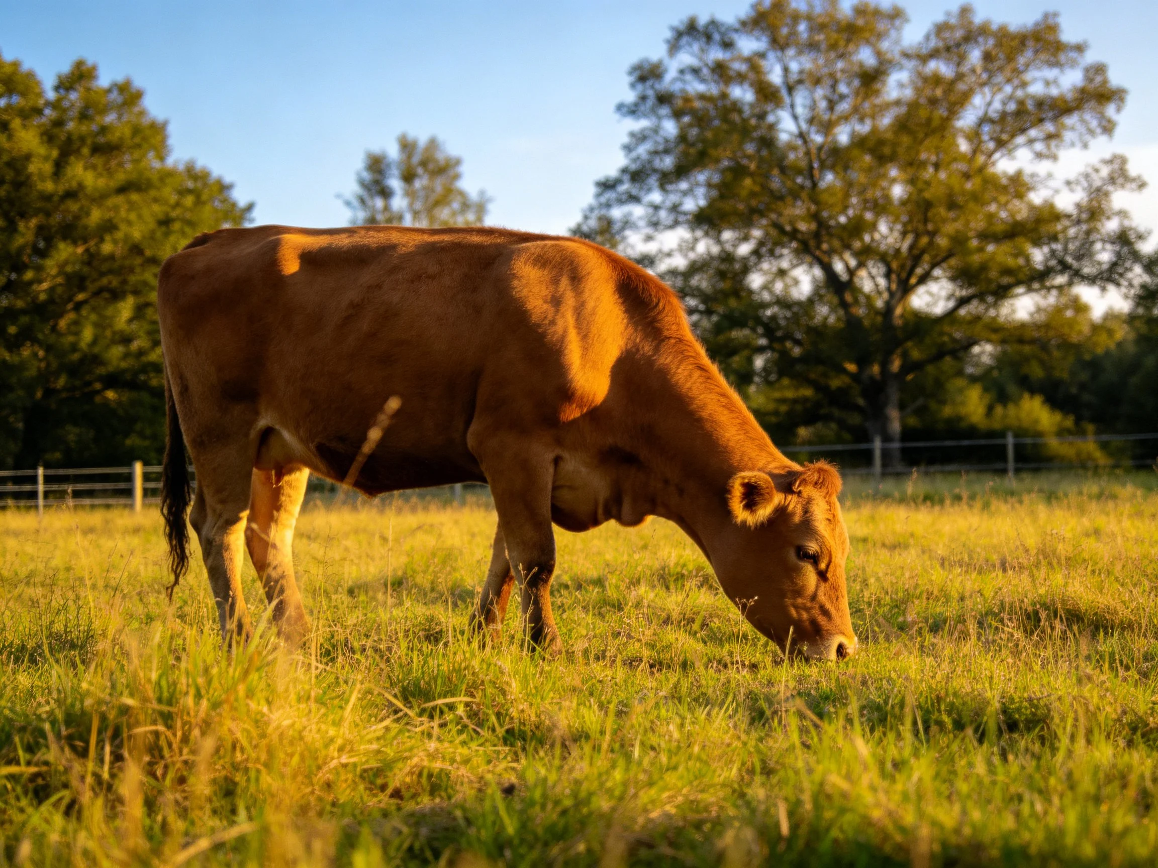 A brown cow grazing in a golden meadow with leafy trees