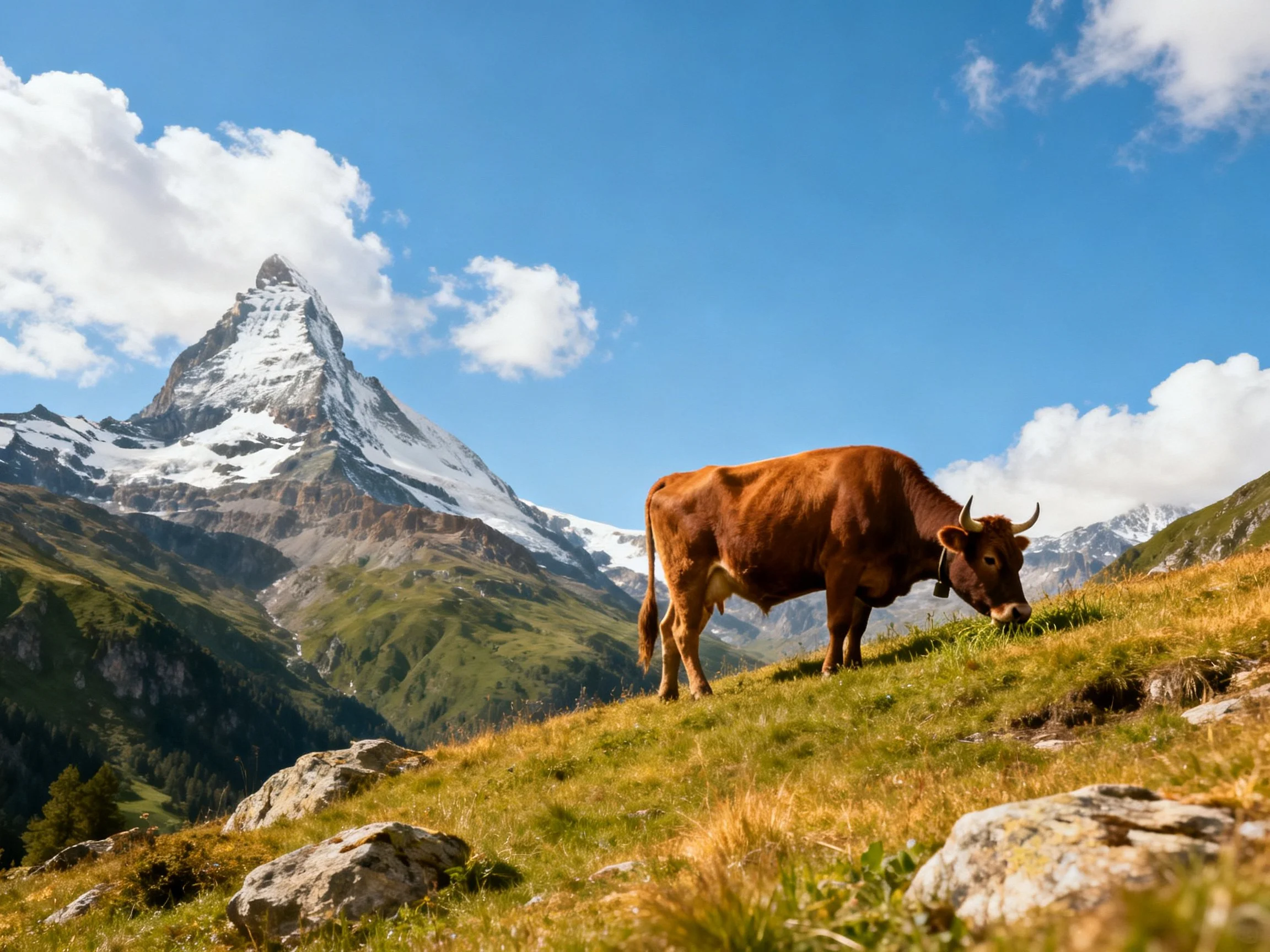 A brown cow grazing near a snow-capped mountain peak