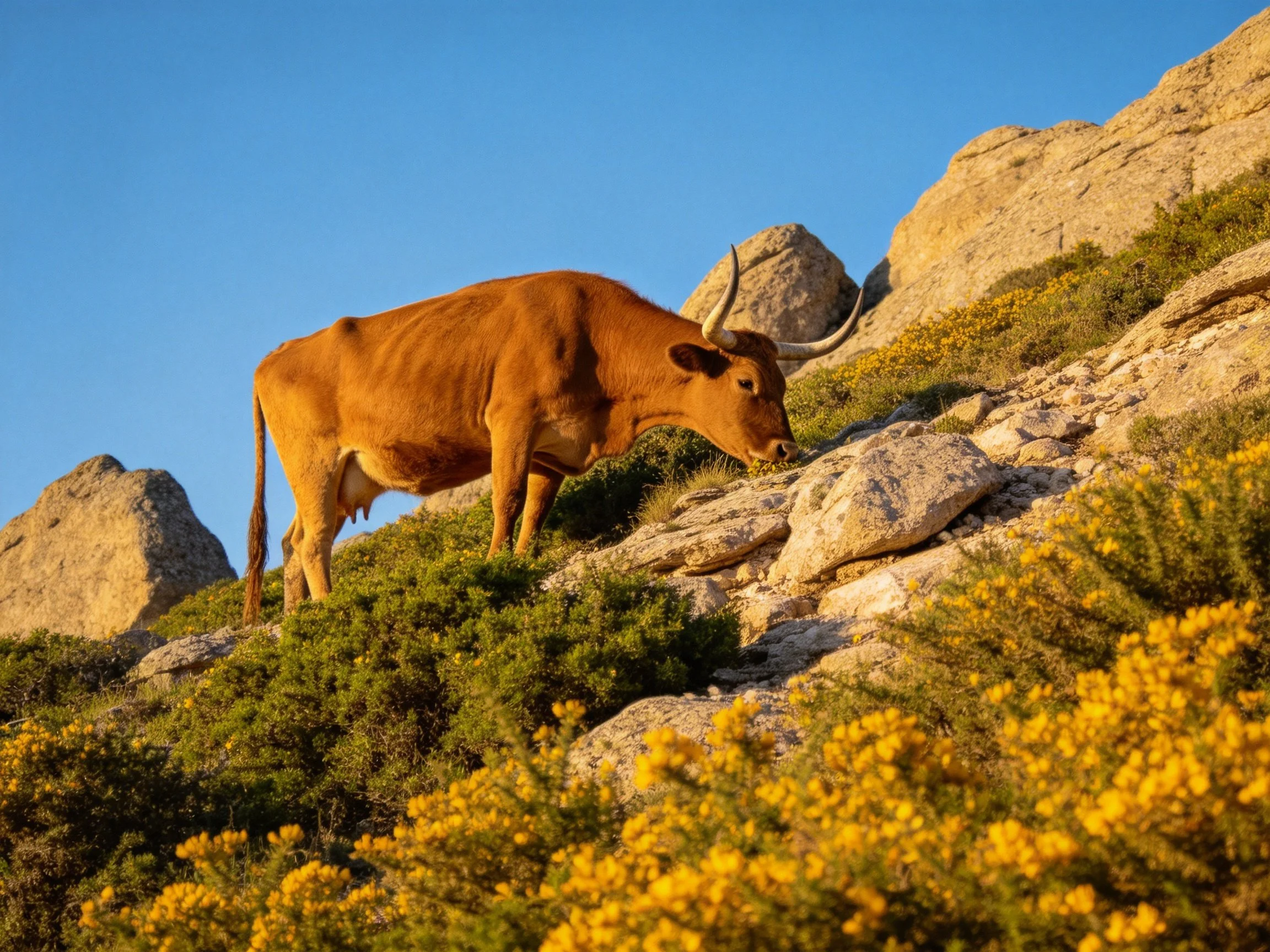A brown cow grazing on a rocky hillside with yellow wildflowers
