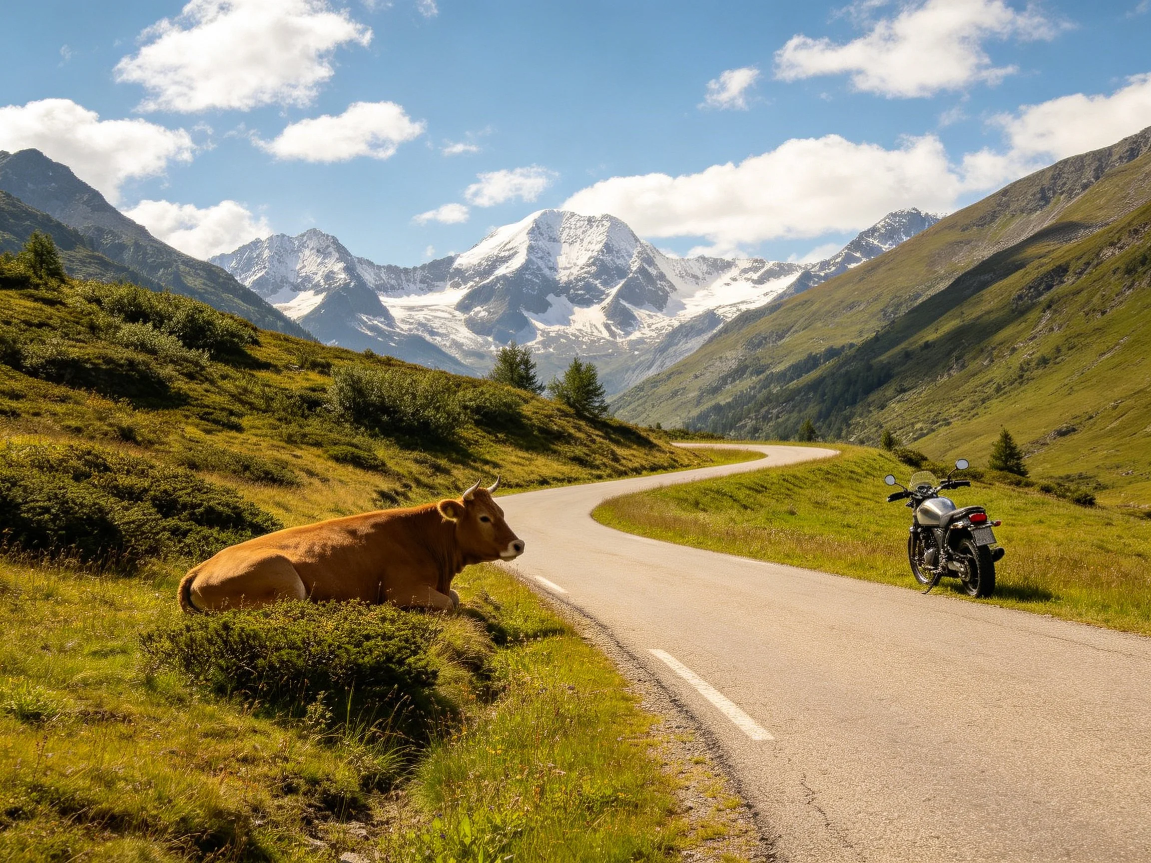 A brown cow rests beside a winding mountain road with a silver motorcycle