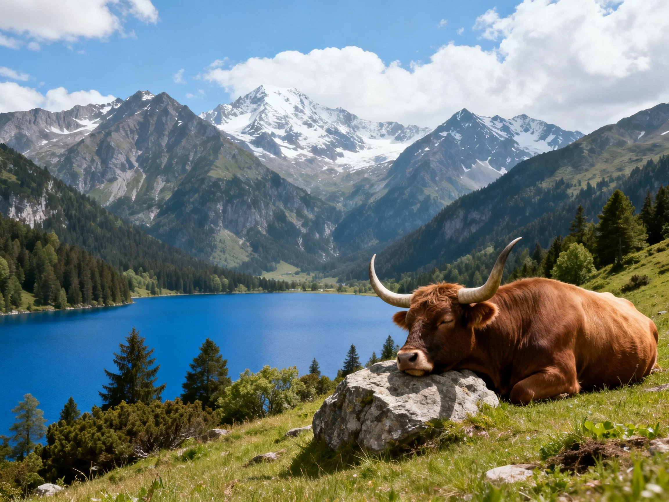 A brown cow rests near a vibrant blue alpine lake