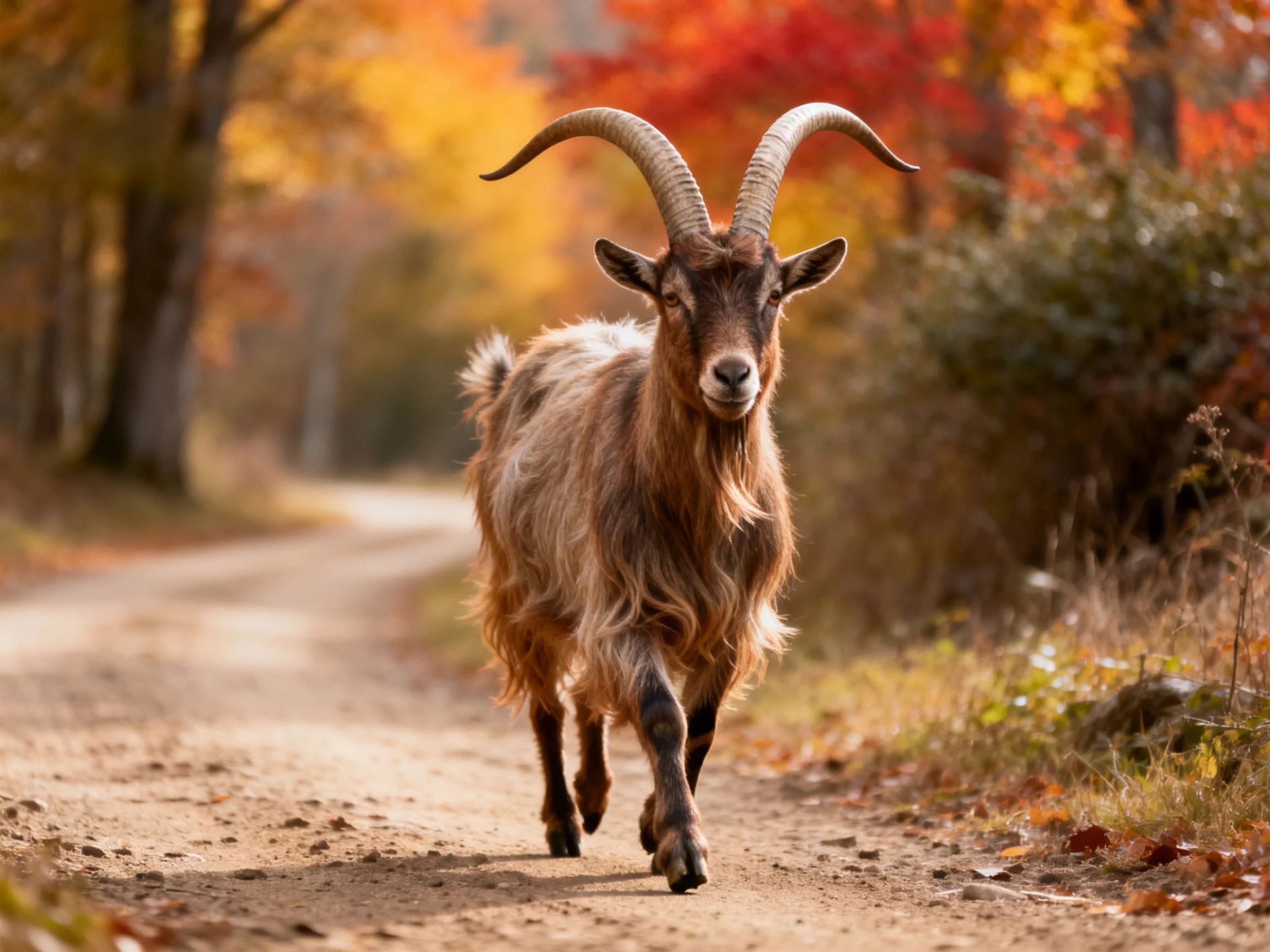 A brown goat with large curved horns walks down an autumn forest path