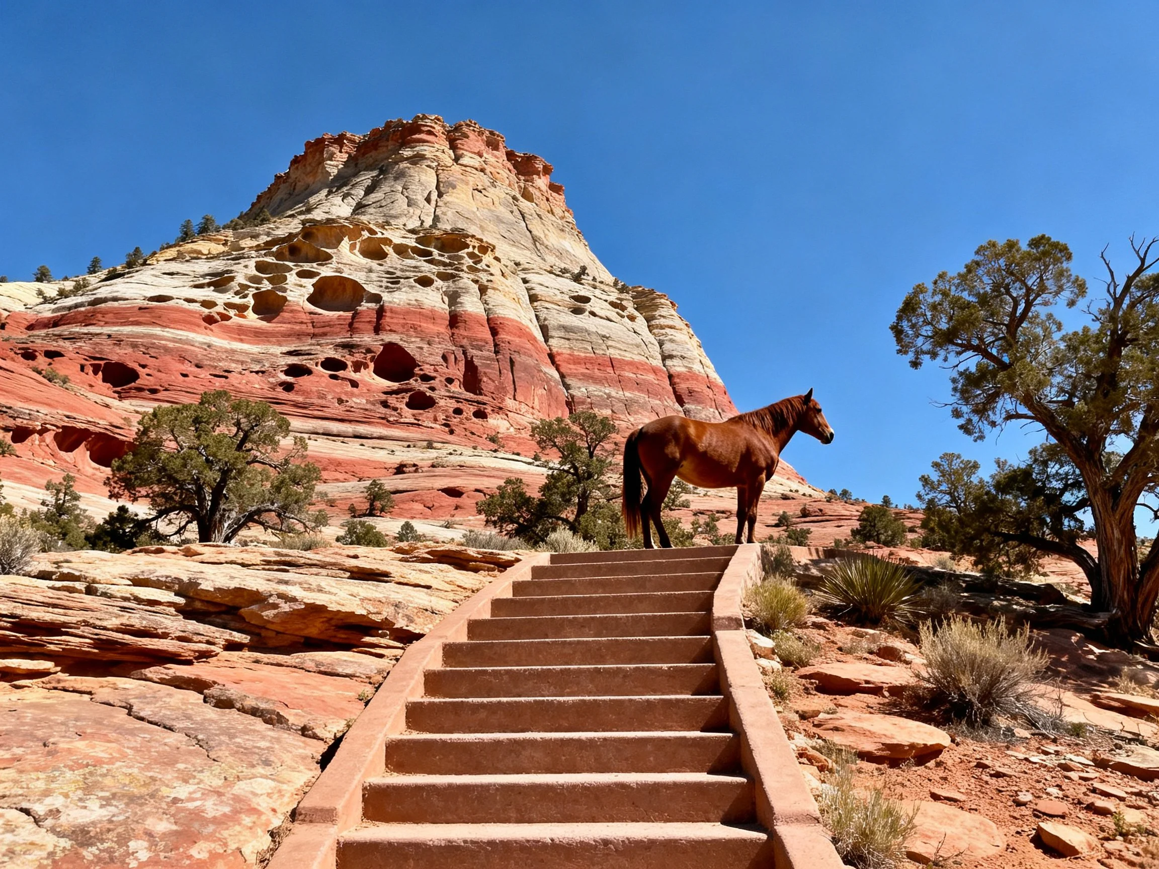 A brown horse atop stone steps beside a striped rock formation