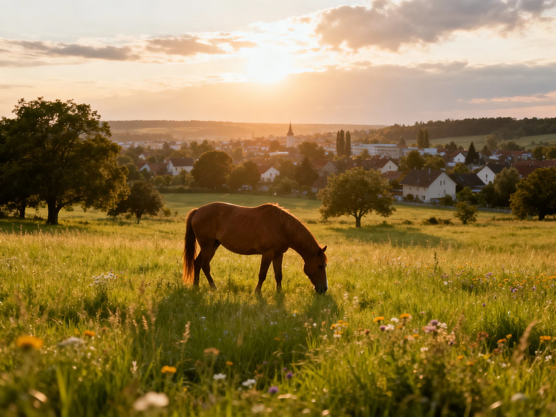 A brown horse grazes in a golden meadow near a village at sunset