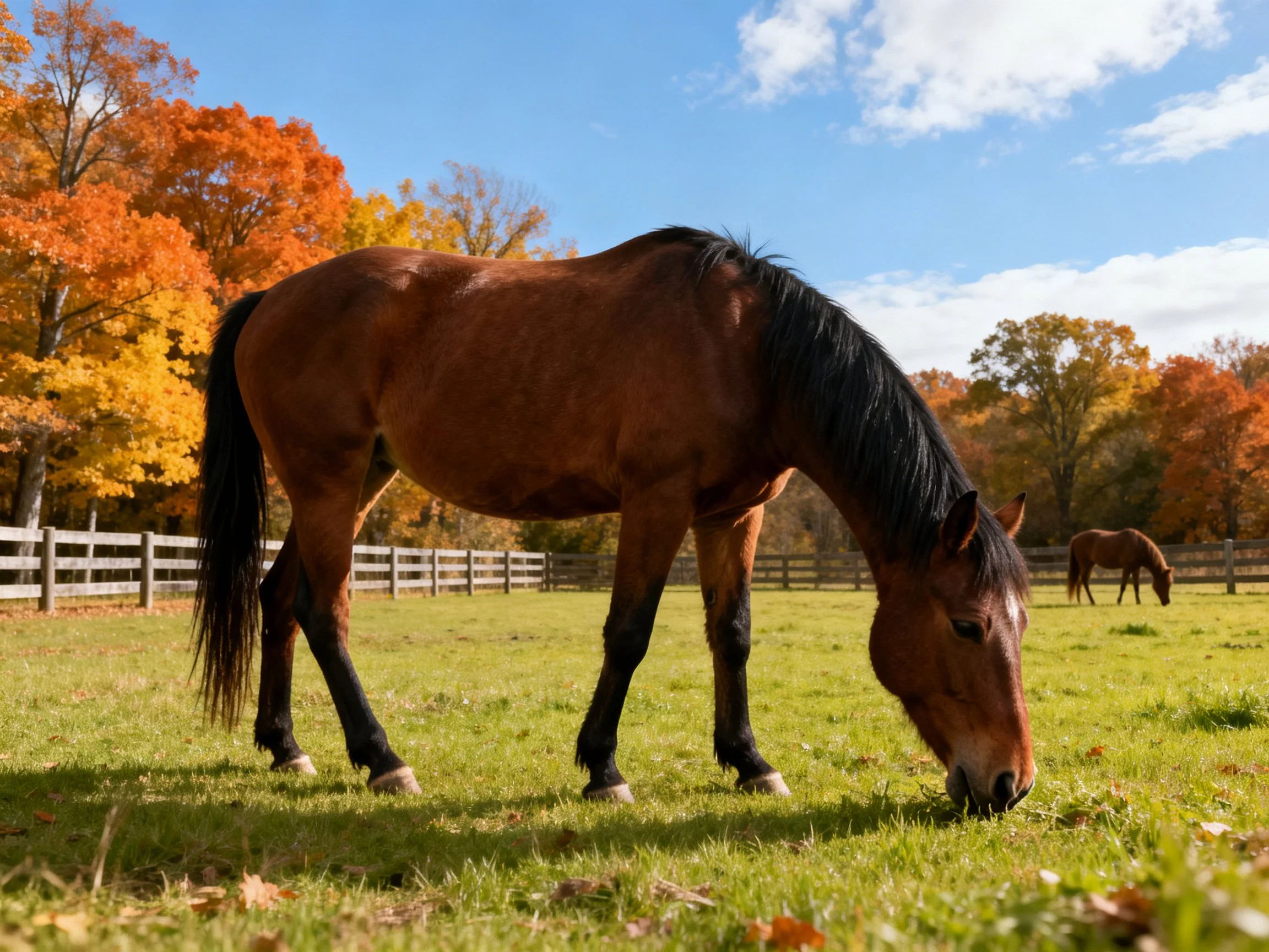 A brown horse grazes in an autumn field with colorful trees