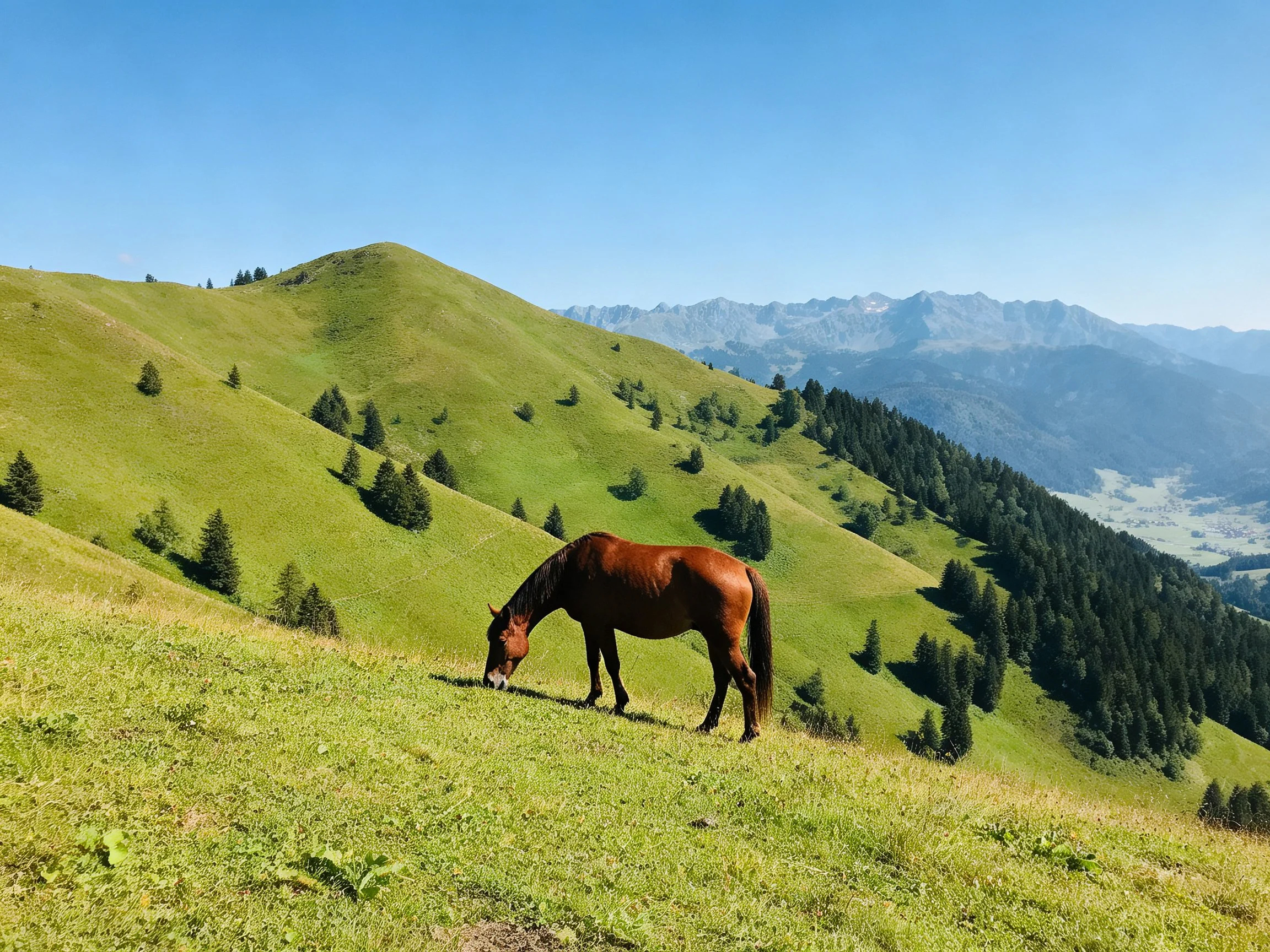 A brown horse grazes on lush green hills under clear blue skies