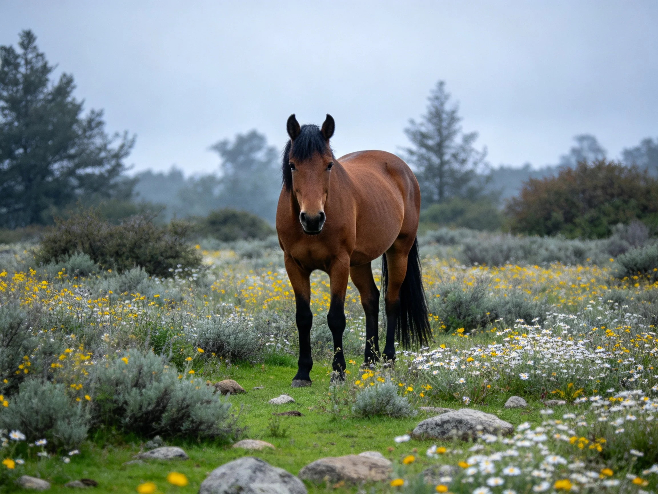 A brown horse in a wildflower-filled meadow with greenery and rocks