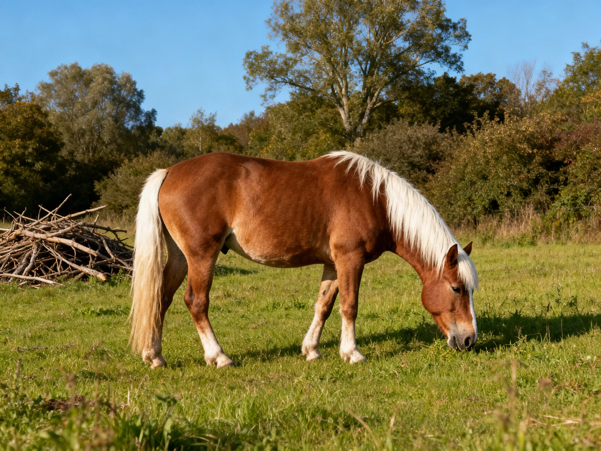 A brown horse with white mane grazes in a green pasture near stacked branches