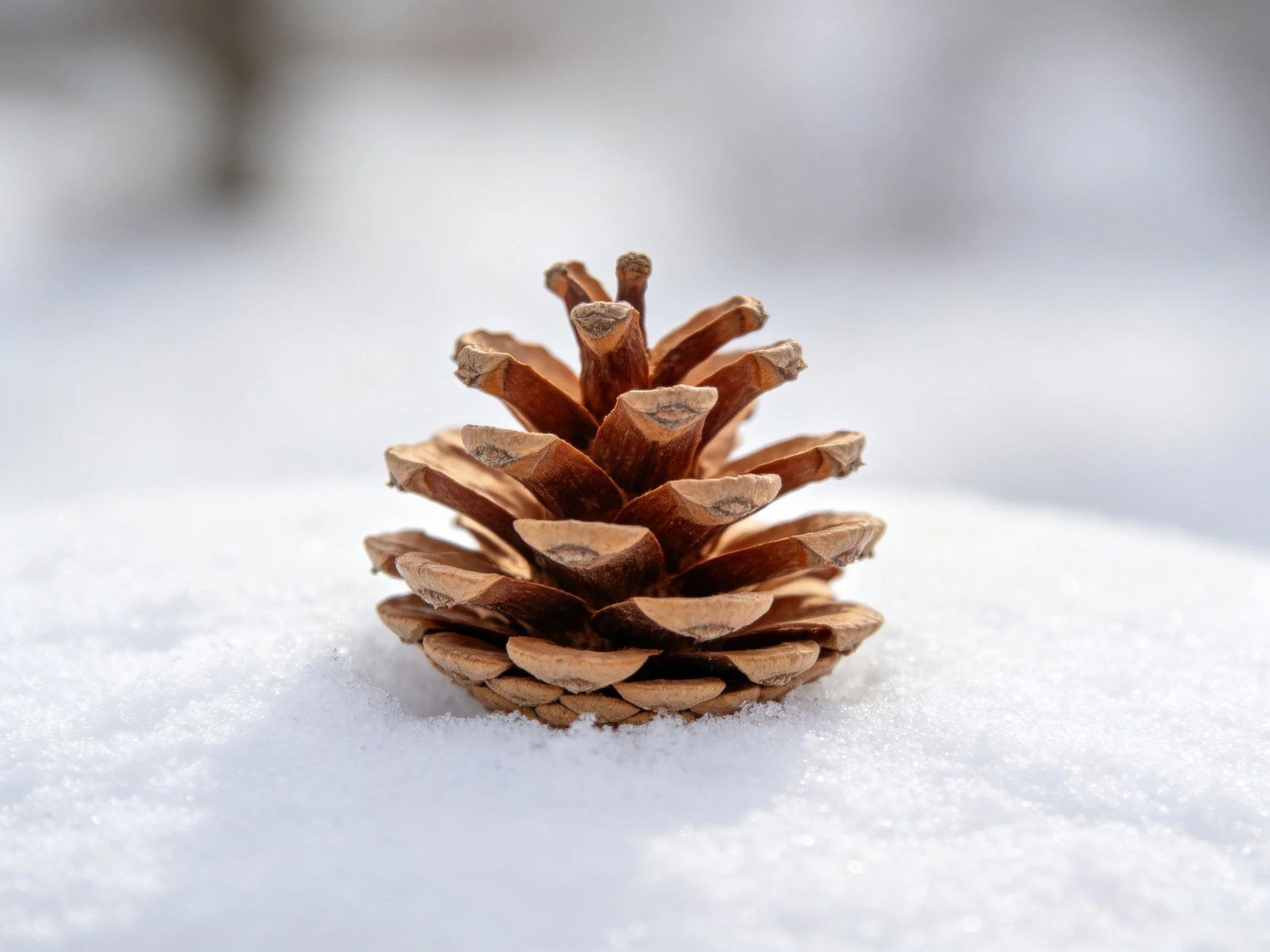 A brown pine cone resting on white snowy ground