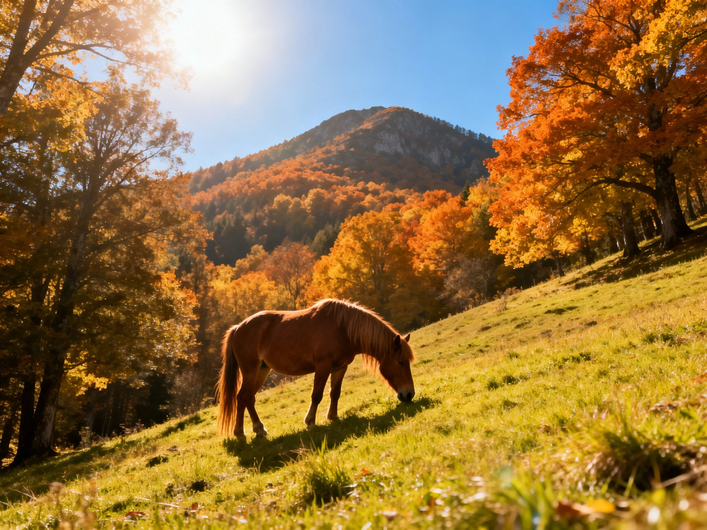 A brown pony grazing on a sunlit green hillside amid vibrant fall foliage