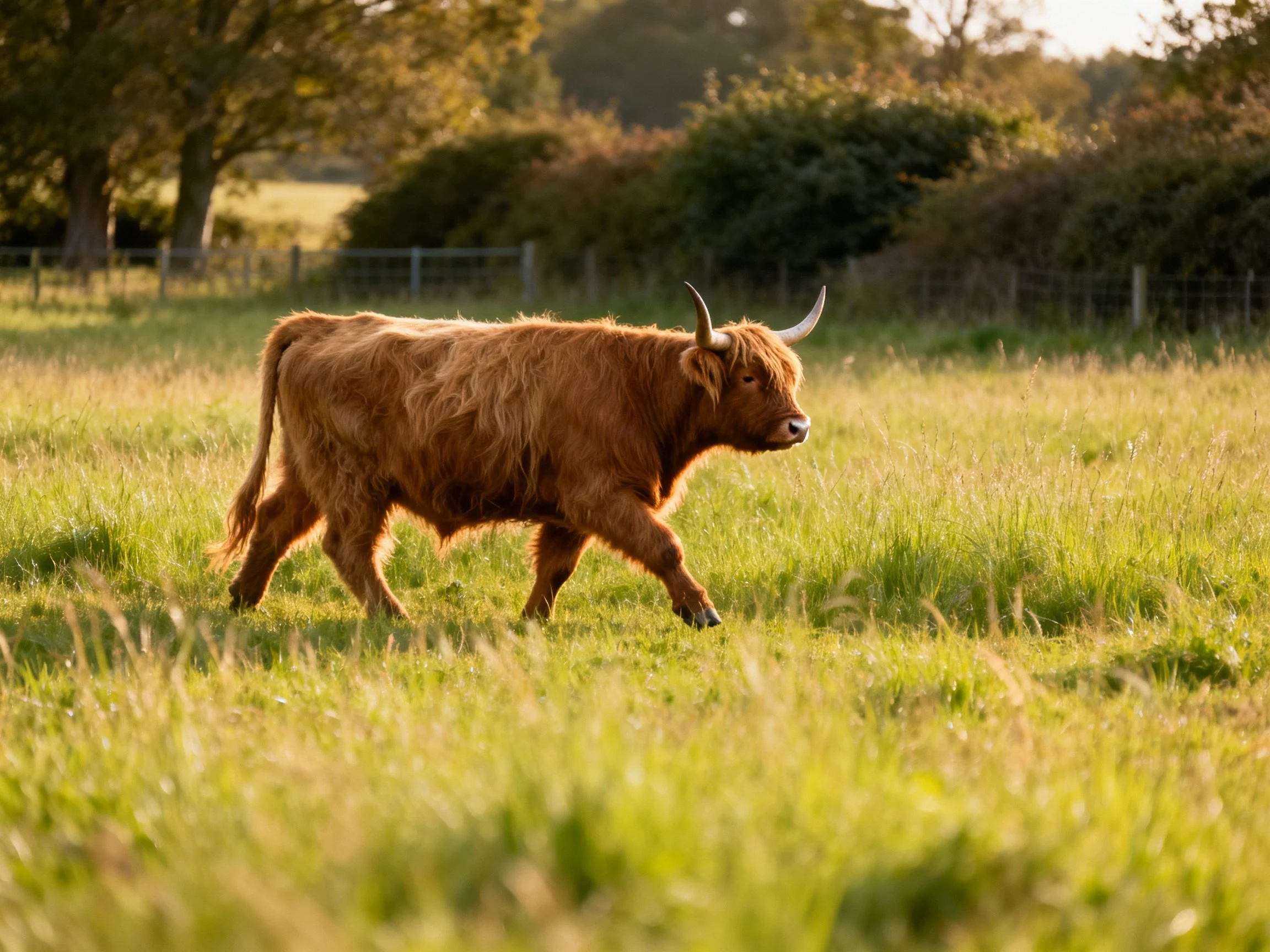 A brown shaggy cow walking through a sunlit green pasture