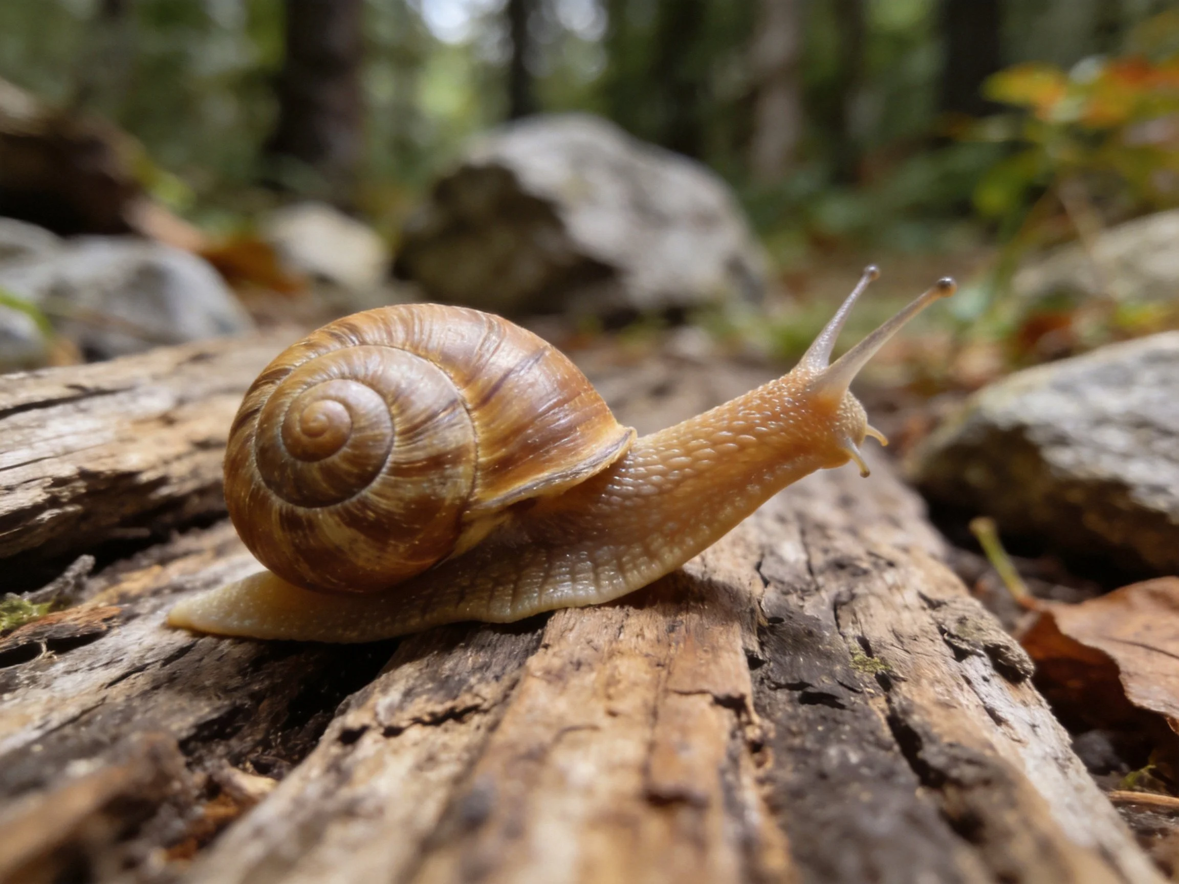 A brown-shelled snail crawls on weathered wood near forest rocks