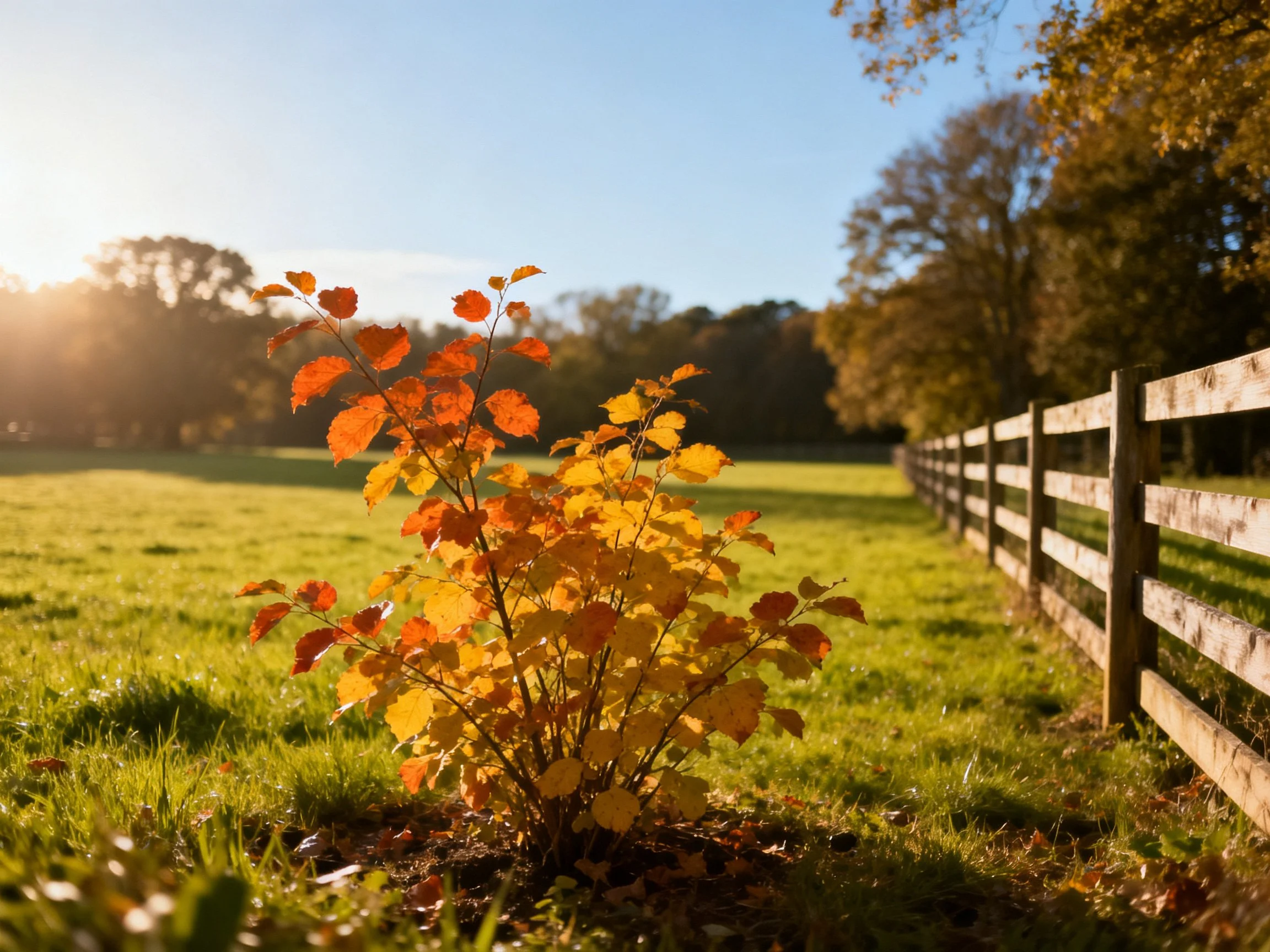 A bush with autumn-hued leaves near a wooden fence in a sunlit field