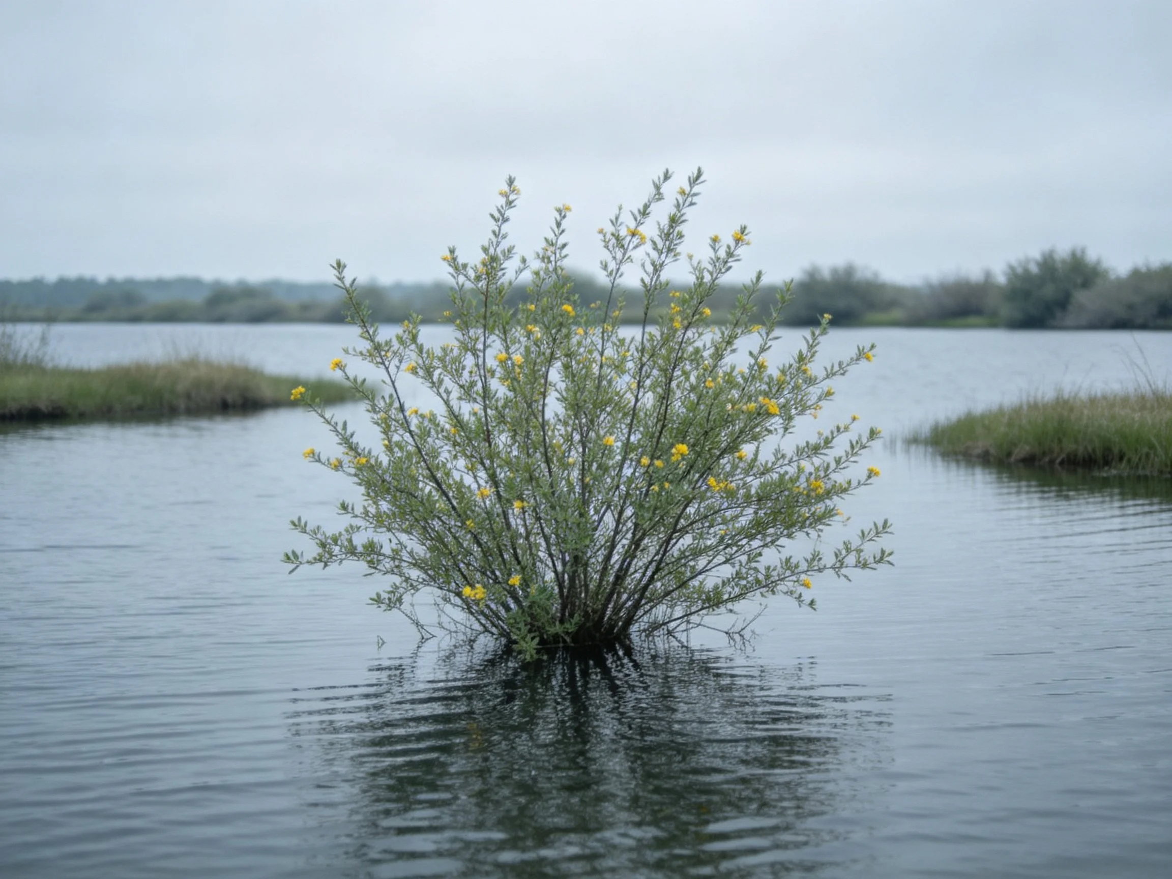 A bush with yellow blooms stands amid calm water near grassy banks