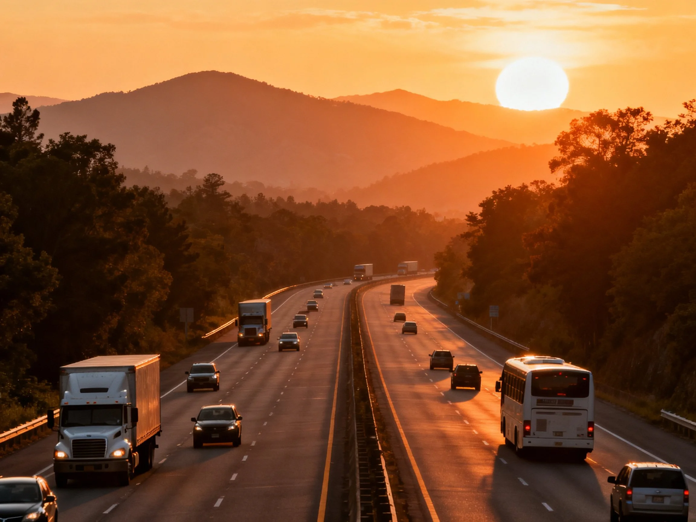 A busy highway at sunset with multiple vehicles and mountain backdrop