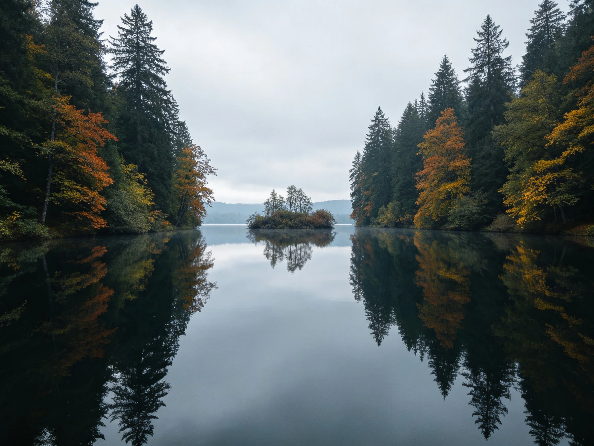 A calm lake reflects autumn forests and a central island