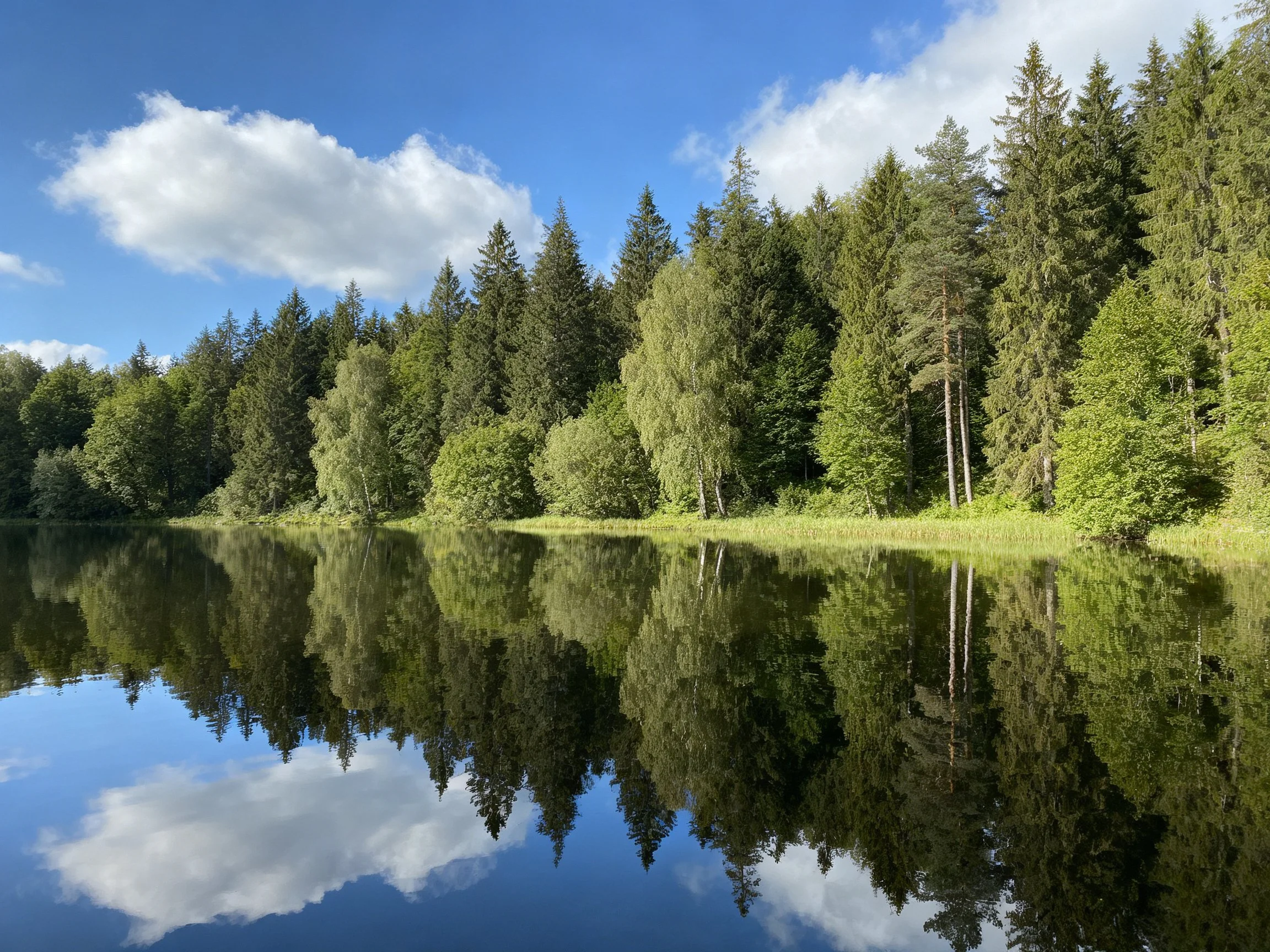 A calm lake reflects dense green forests and blue skies
