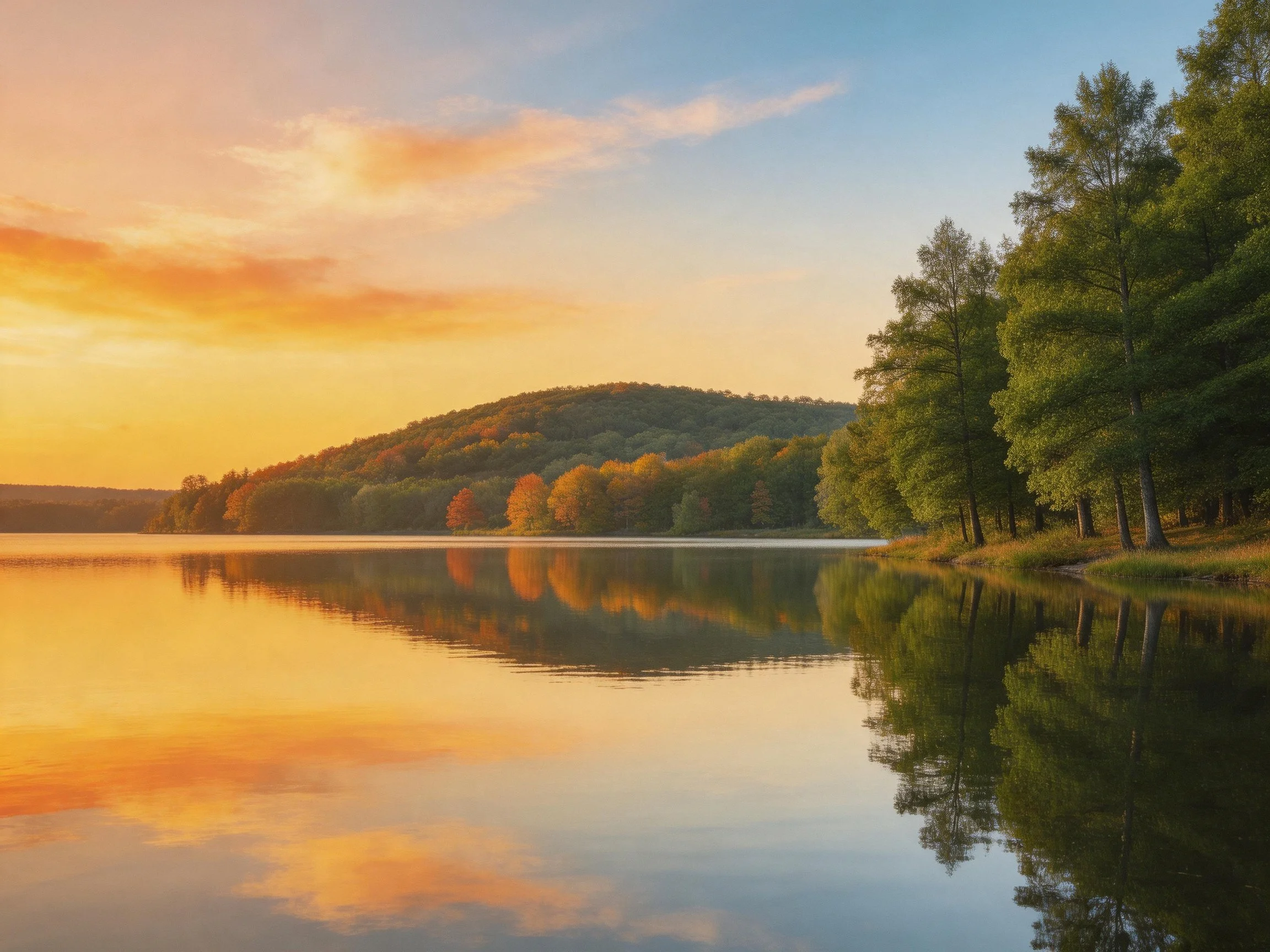 A calm lake reflects golden sunset skies beside forested hills