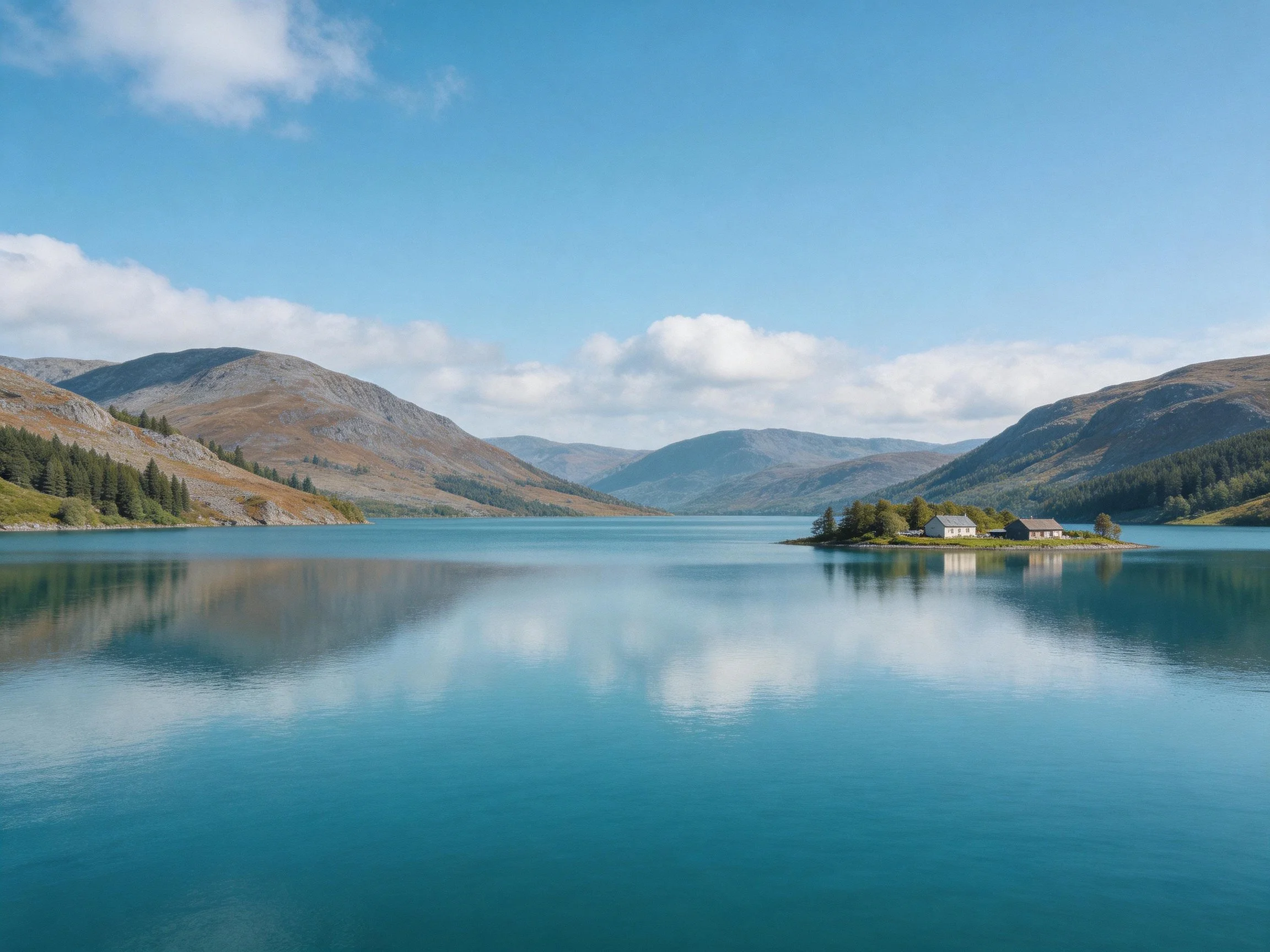 A calm lake reflects mountains, island with houses, and bright sky