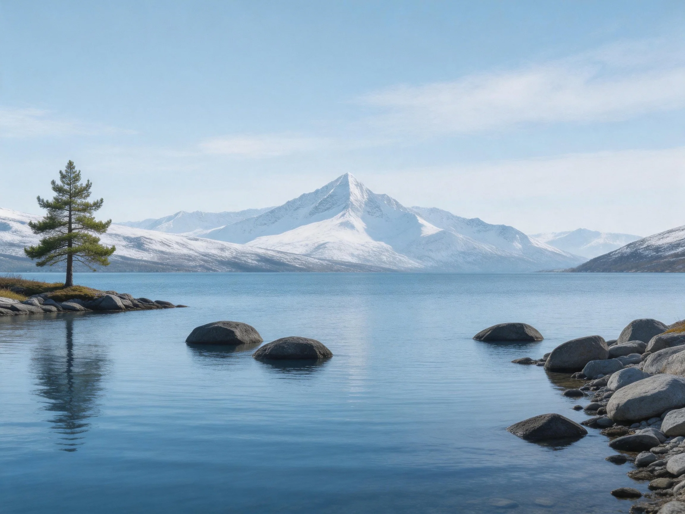 A calm lake with scattered rocks, a lone tree, and snow - capped mountains