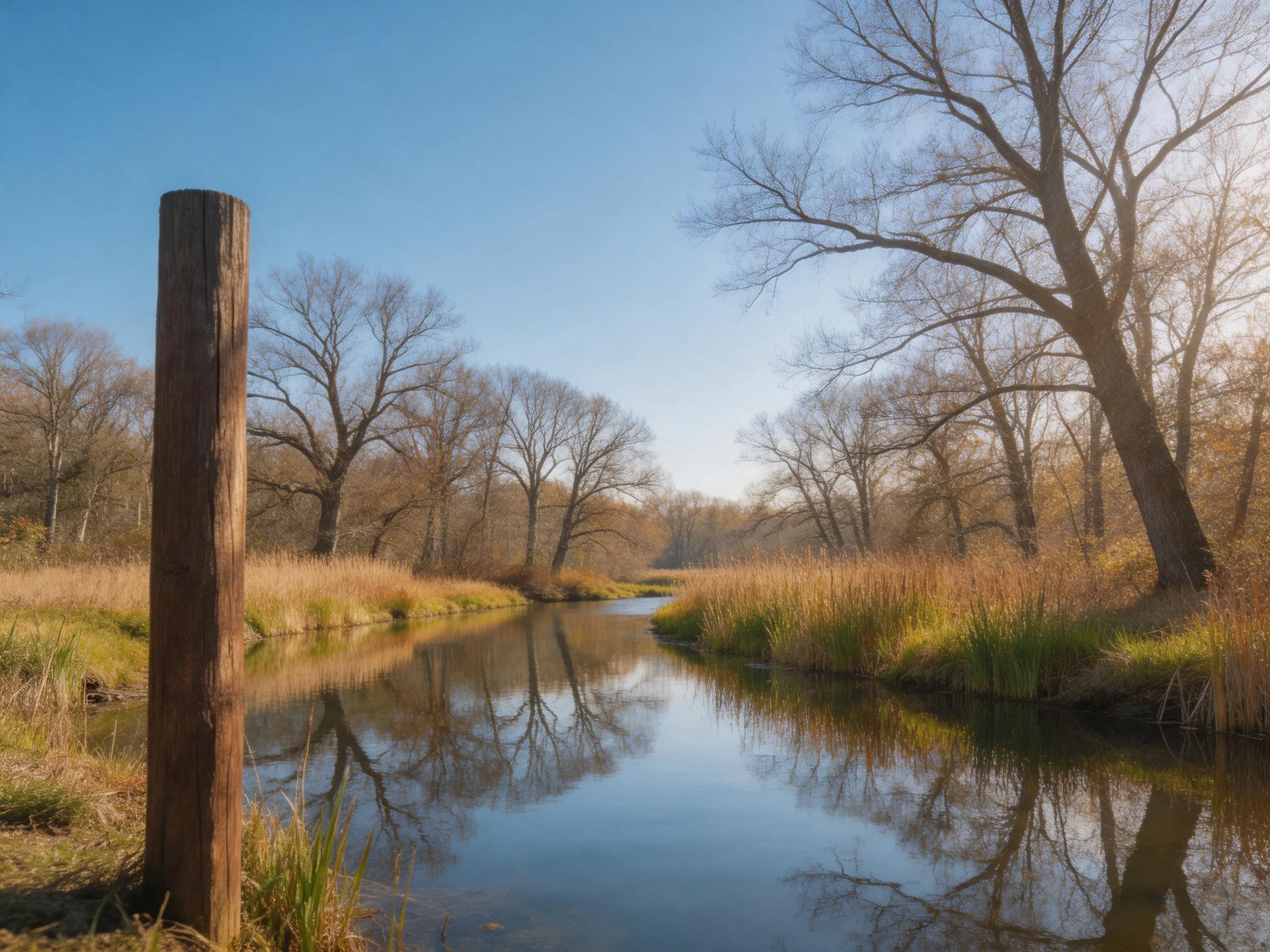A calm river reflects bare trees and golden vegetation