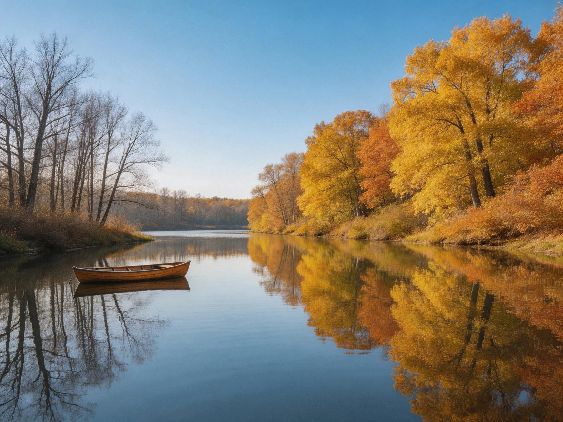 A calm river reflects golden autumn trees and a wooden boat.