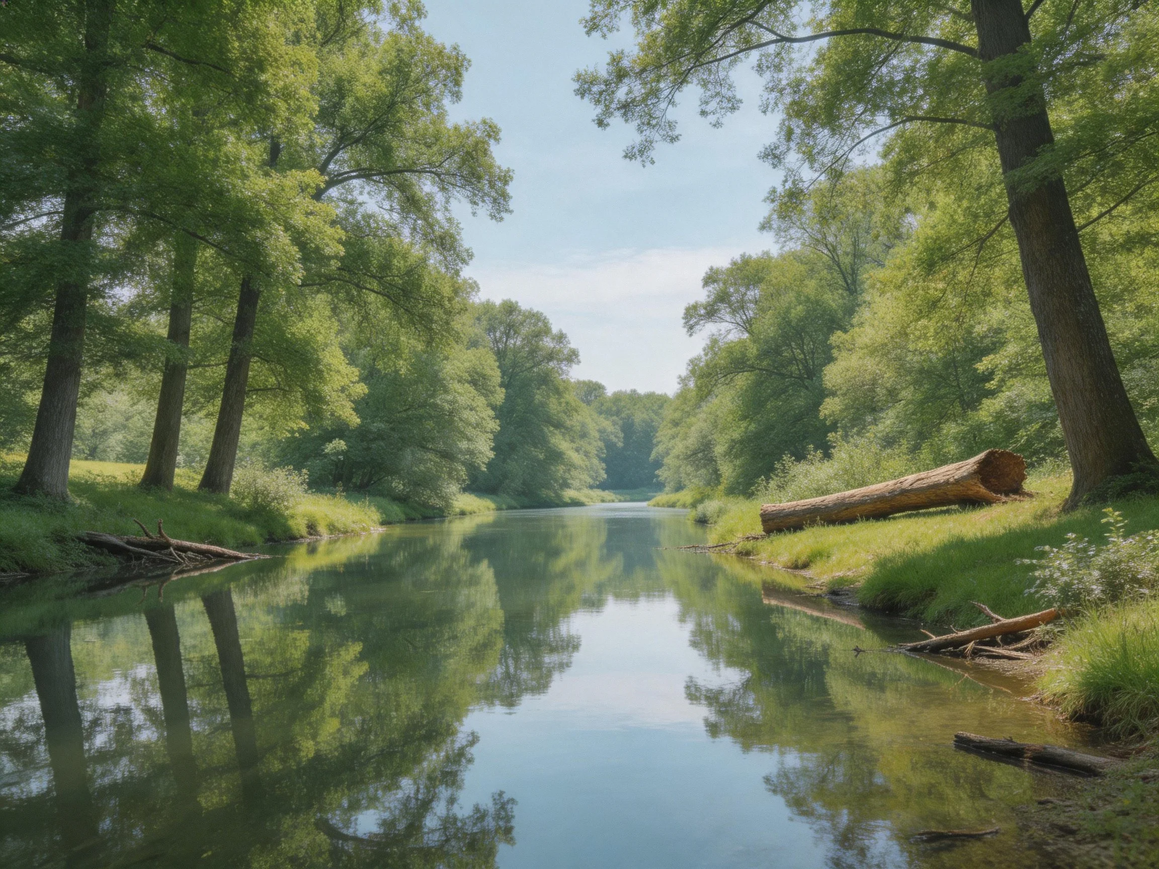 A calm river surrounded by lush green trees and a fallen log