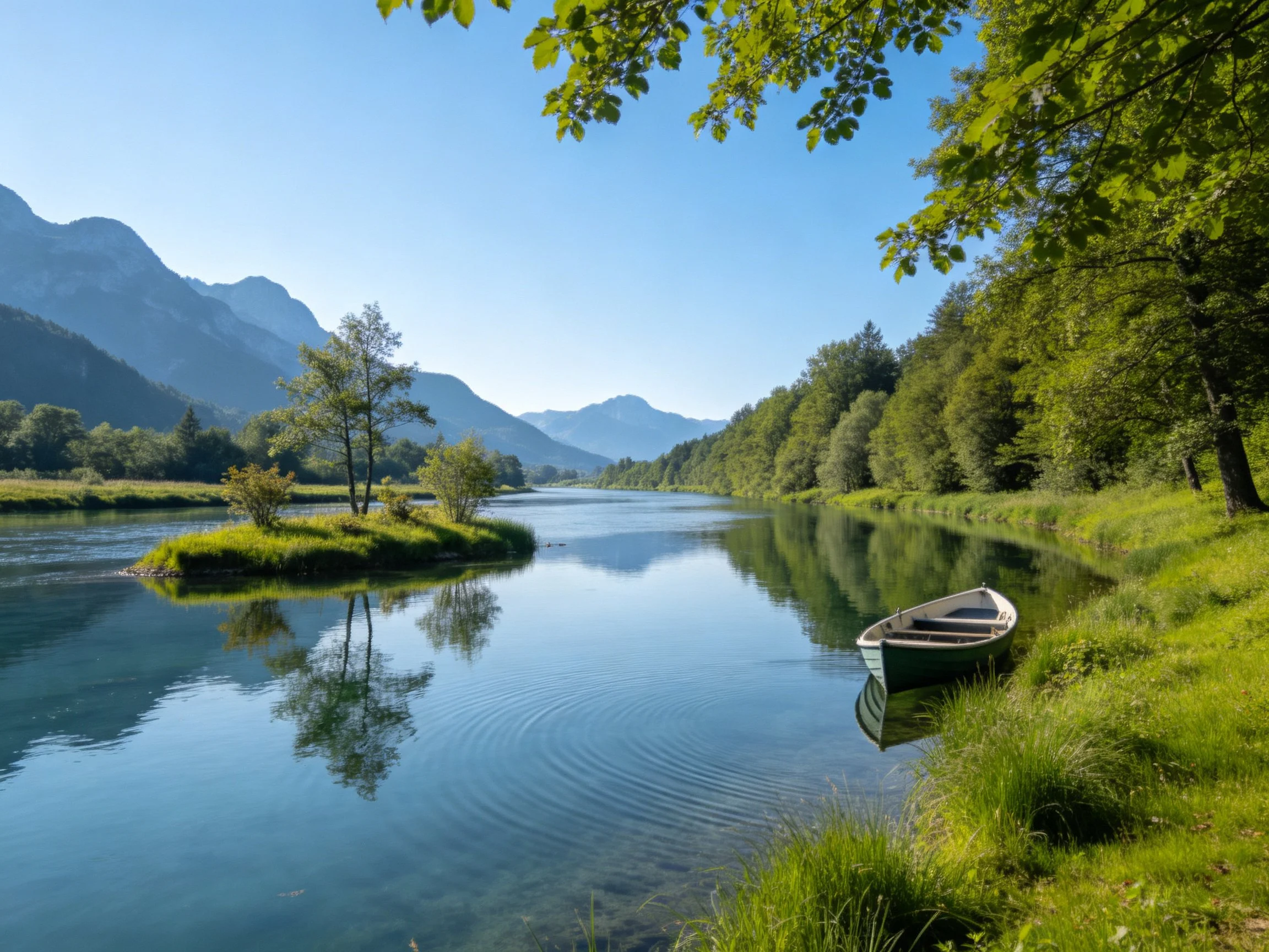 A calm river with a small boat, lush greenery, and distant mountains