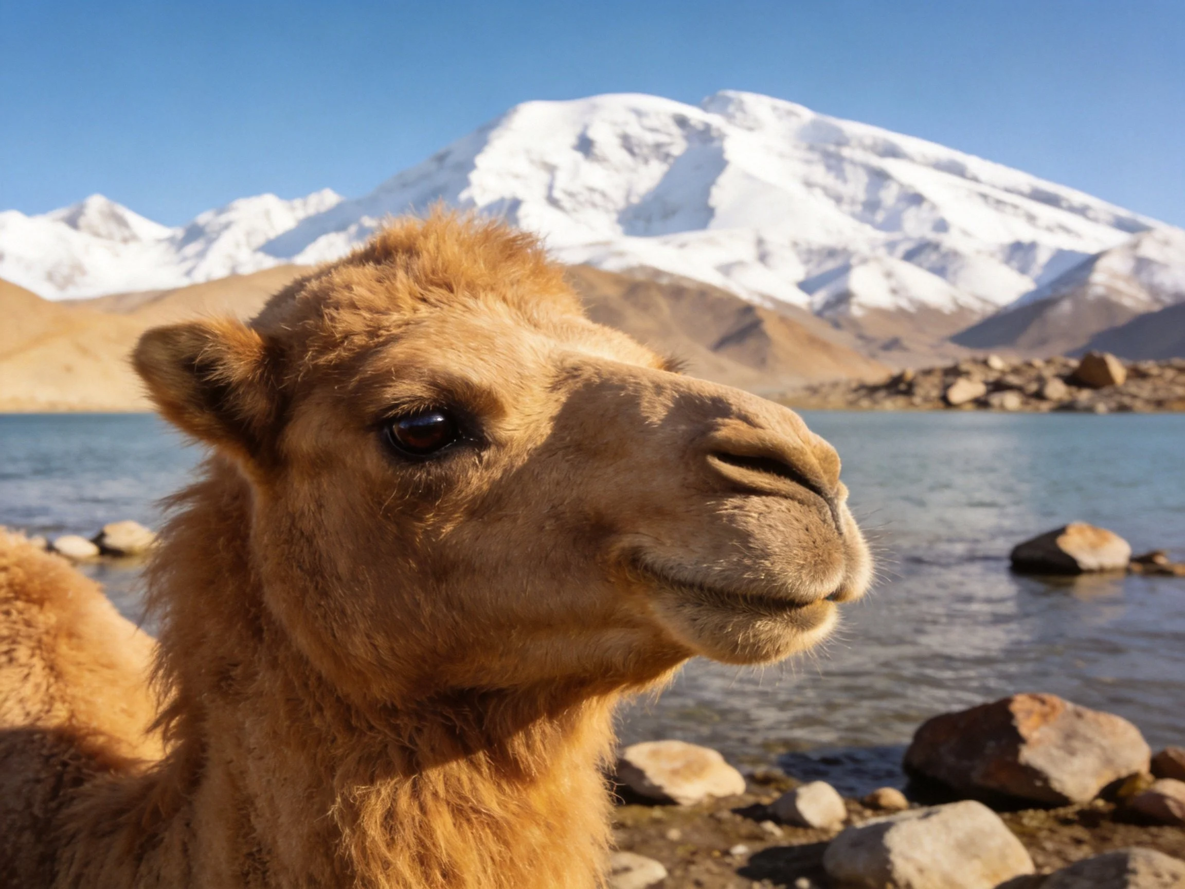 A camel near a lake with snow - capped mountains in the distance