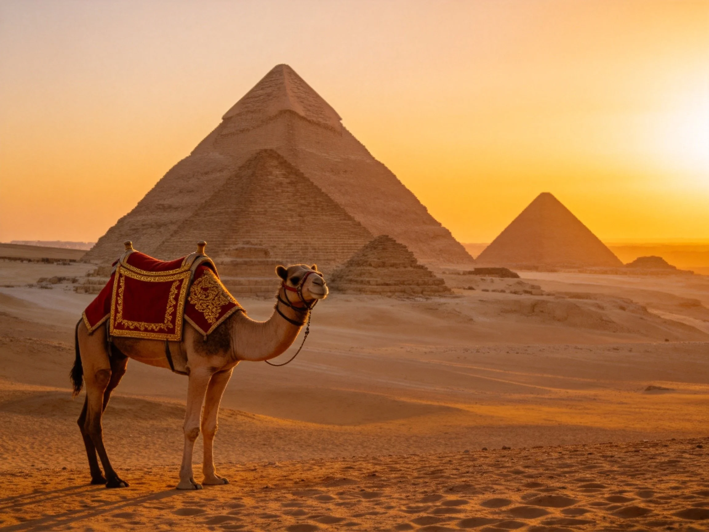 A camel with ornate saddle near ancient pyramids at golden hour