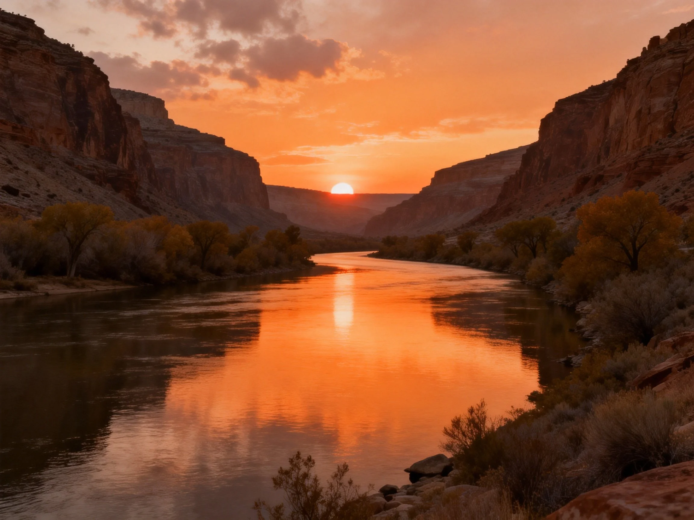 A canyon river reflecting a vibrant orange sunset between rocky cliffs