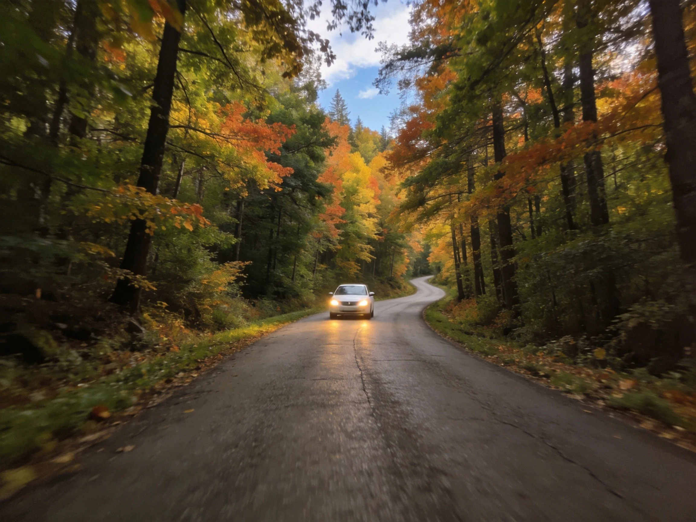 A car travels down a winding forest road amid vibrant fall foliage