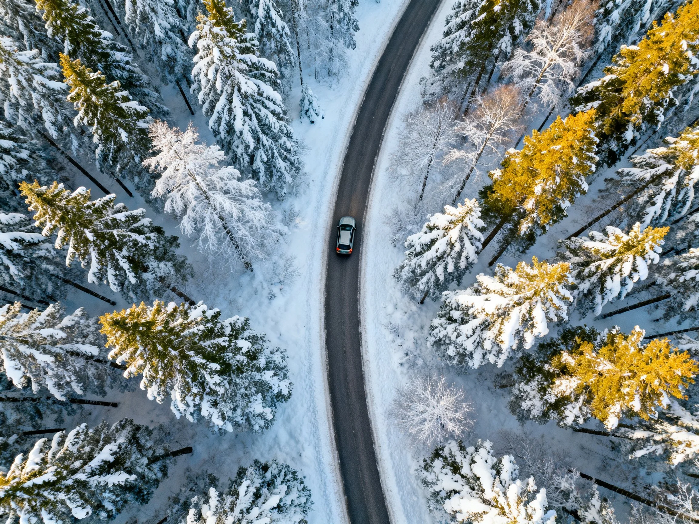 A car travels down a winding snowy road amid snow-laden evergreens and golden foliage