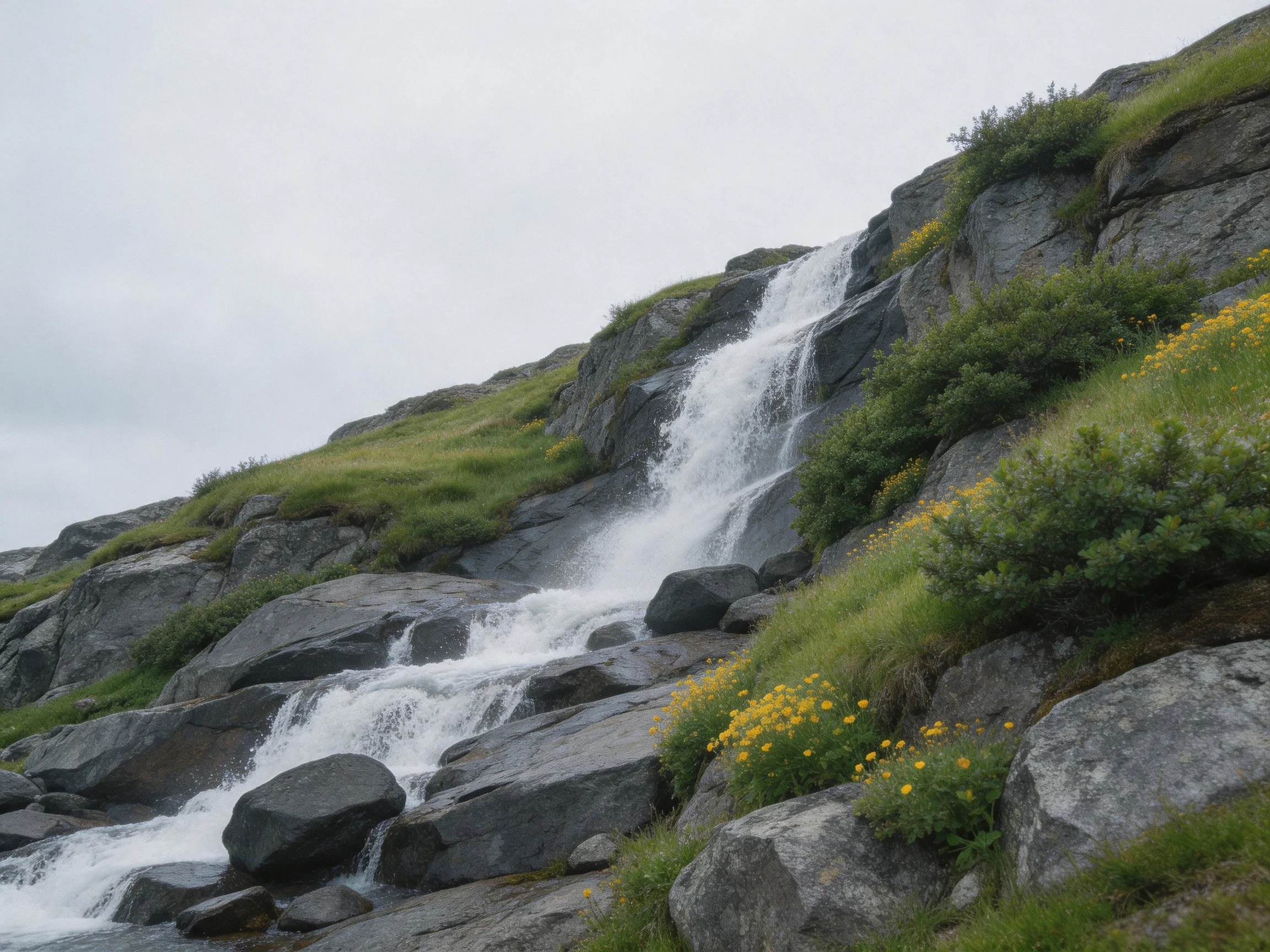 A cascading waterfall over rocky terrain with green vegetation and yellow wildflowers