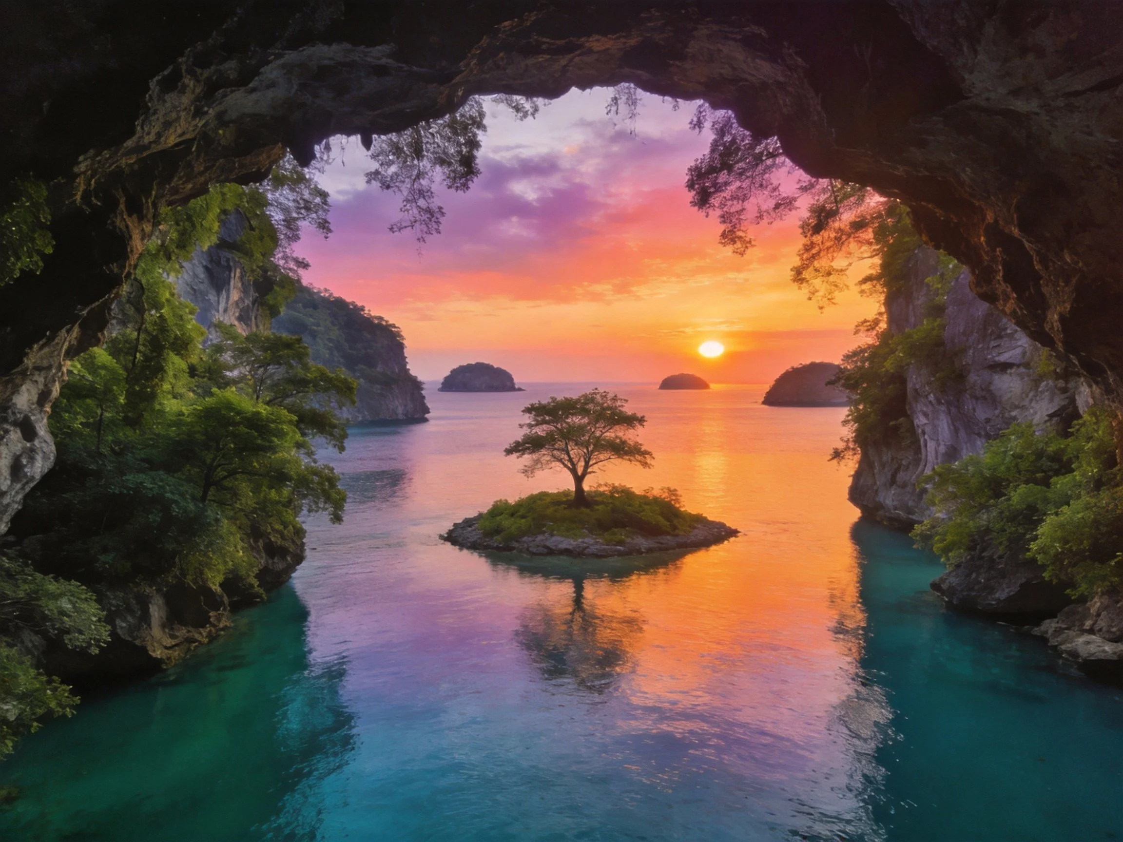 A cave opening overlooks turquoise waters, a central island, and a vibrant sunset.