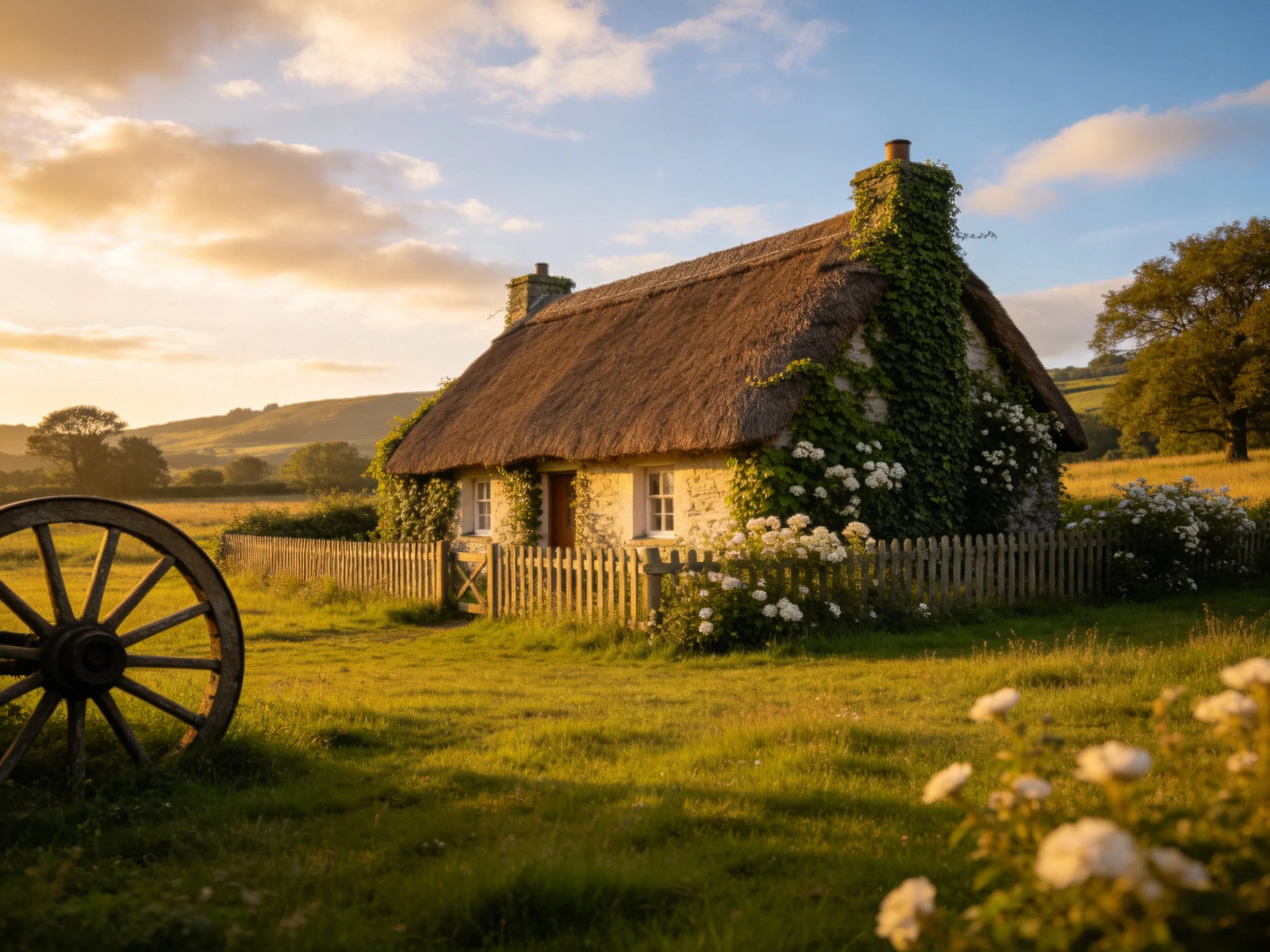 A charming stone cottage with ivy, thatched roof, and rural setting.