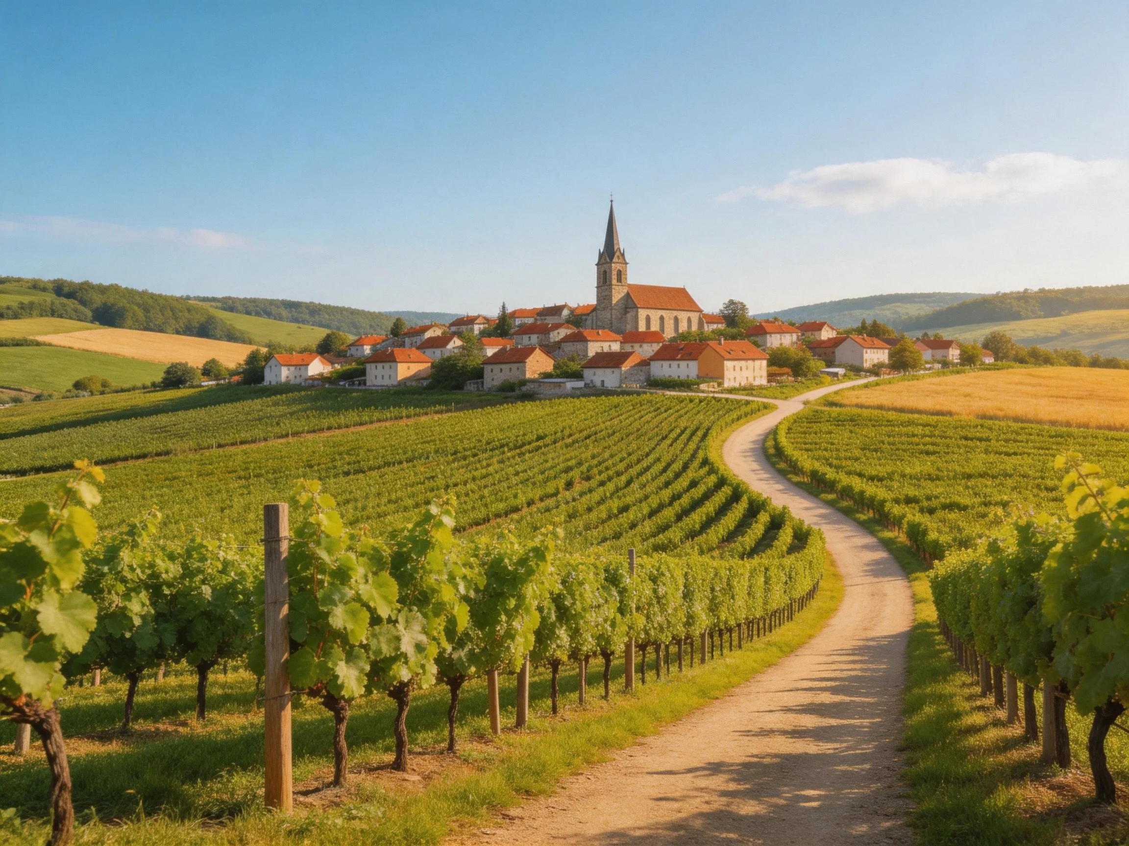 A charming village with red-roofed homes near extensive vineyards