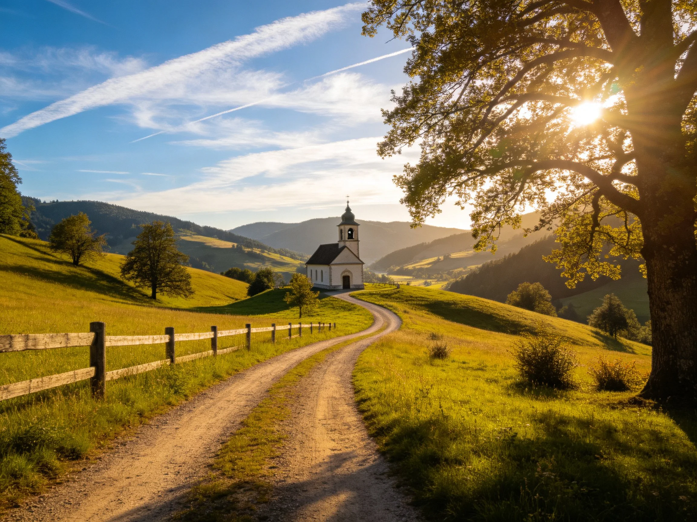 A charming white chapel beside a winding dirt road through golden meadows
