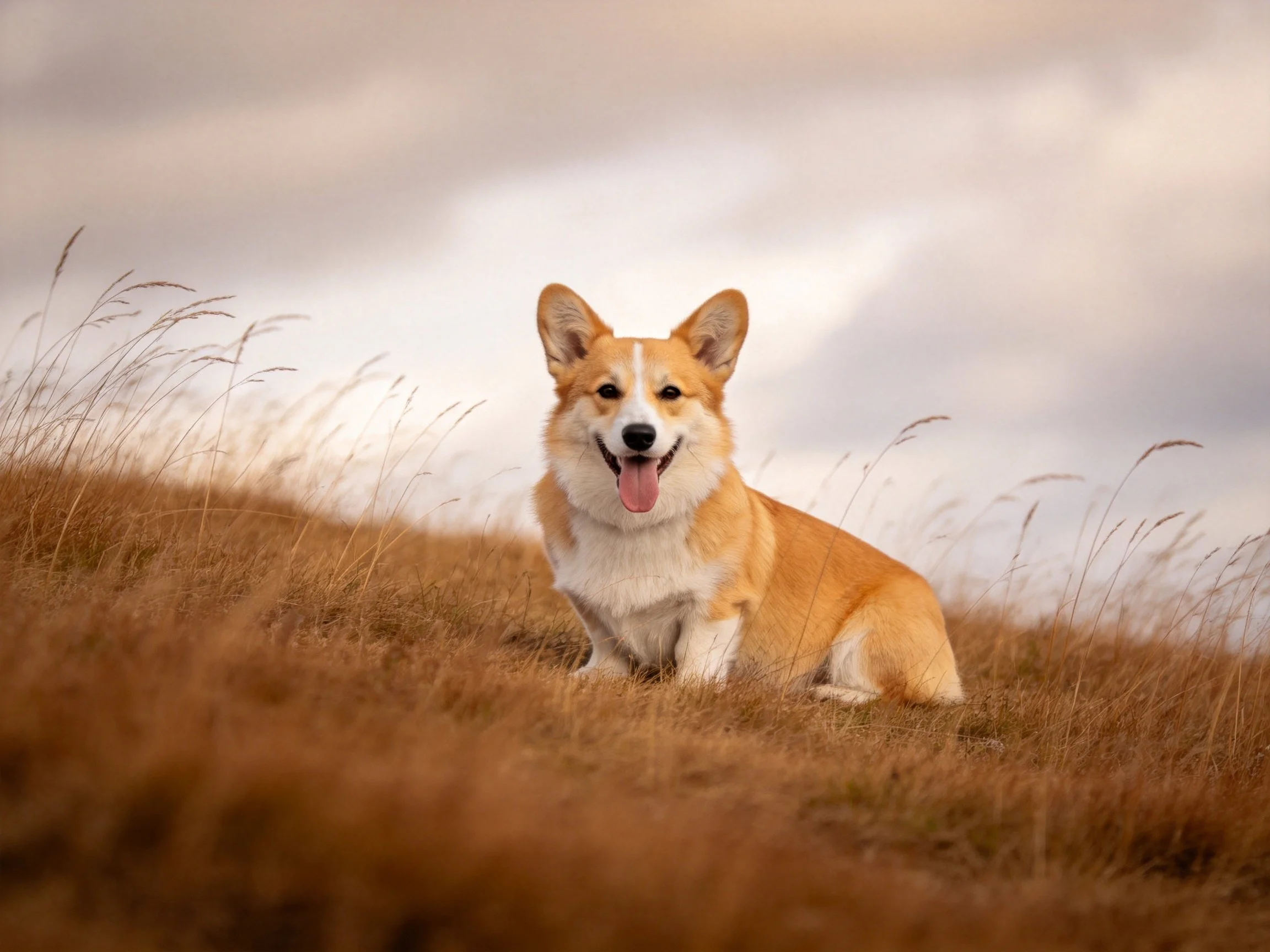 A cheerful corgi sits among golden grasses under a cloudy sky