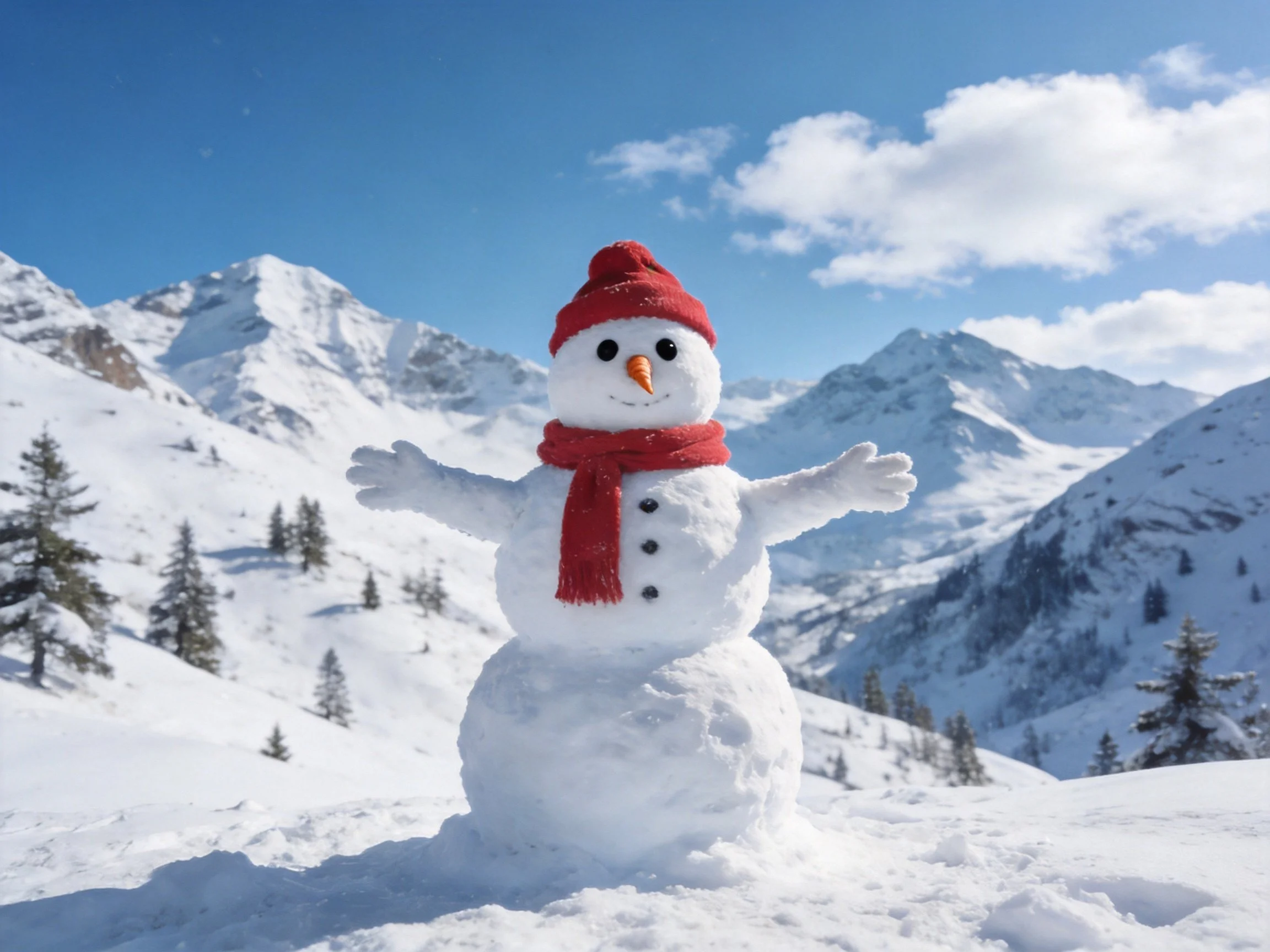 A cheerful snowman in a red scarf and hat near snowy mountain peaks